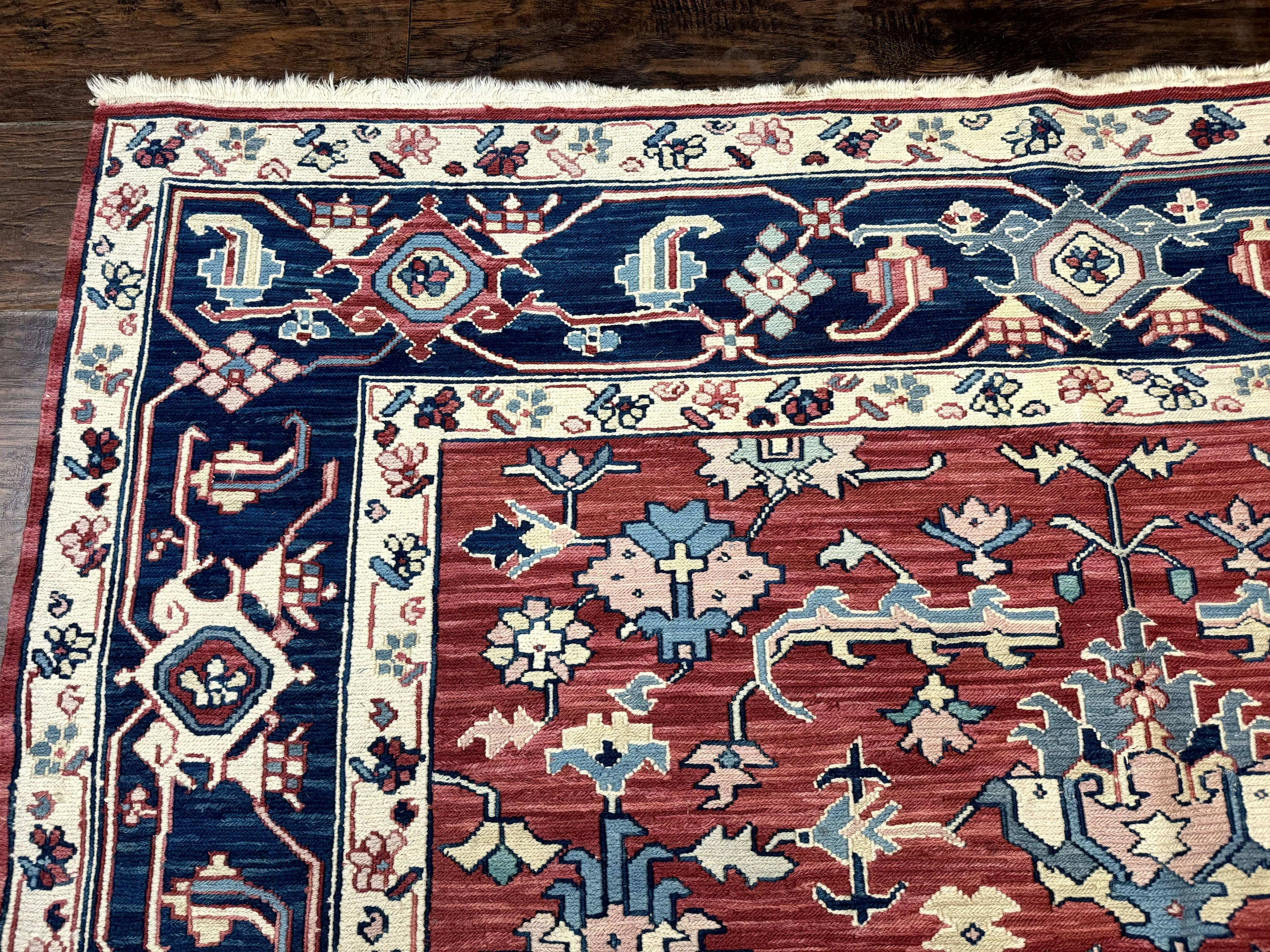 Turkish Flatweave Rug 6x9, Heriz Design, Red and Blue - Image 6