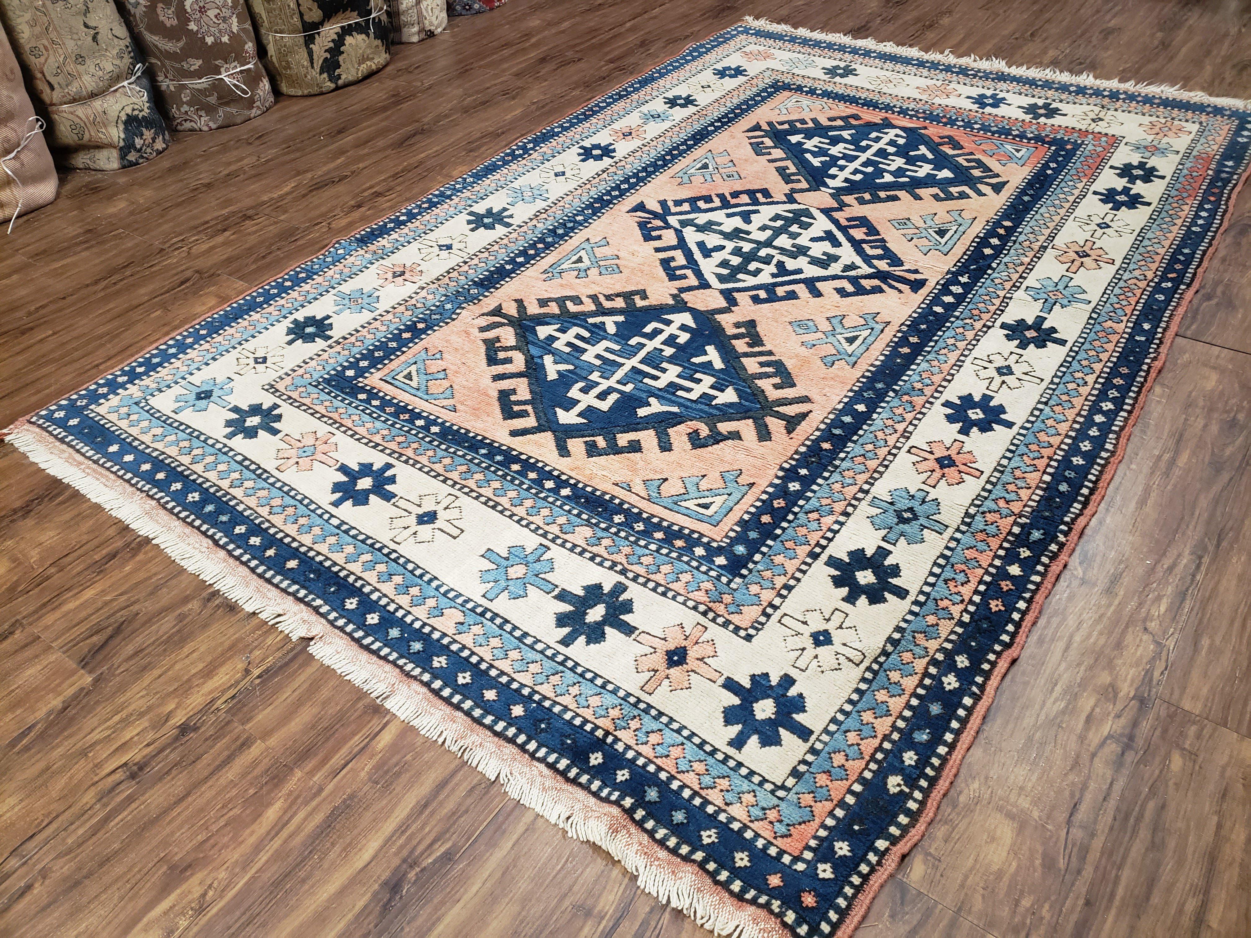 Turkish Kazak Rug 5x8 ft, Bold Geometric Bohemian Carpet, Blue and Ivory Hand Knotted Area Rug, Medium Sized High Quality Wool Oriental Rug - Image 2