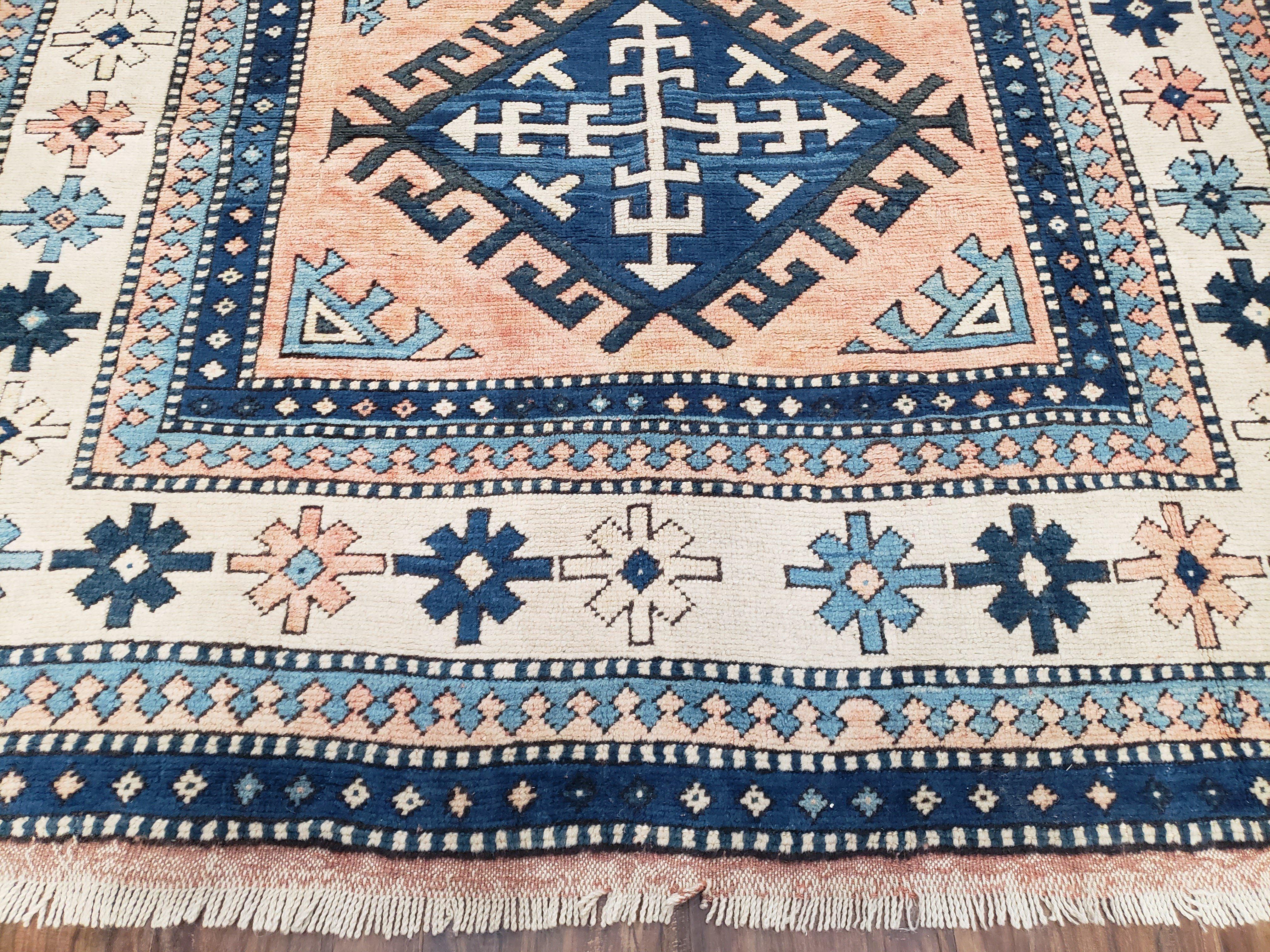 Turkish Kazak Rug 5x8 ft, Bold Geometric Bohemian Carpet, Blue and Ivory Hand Knotted Area Rug, Medium Sized High Quality Wool Oriental Rug - Image 5