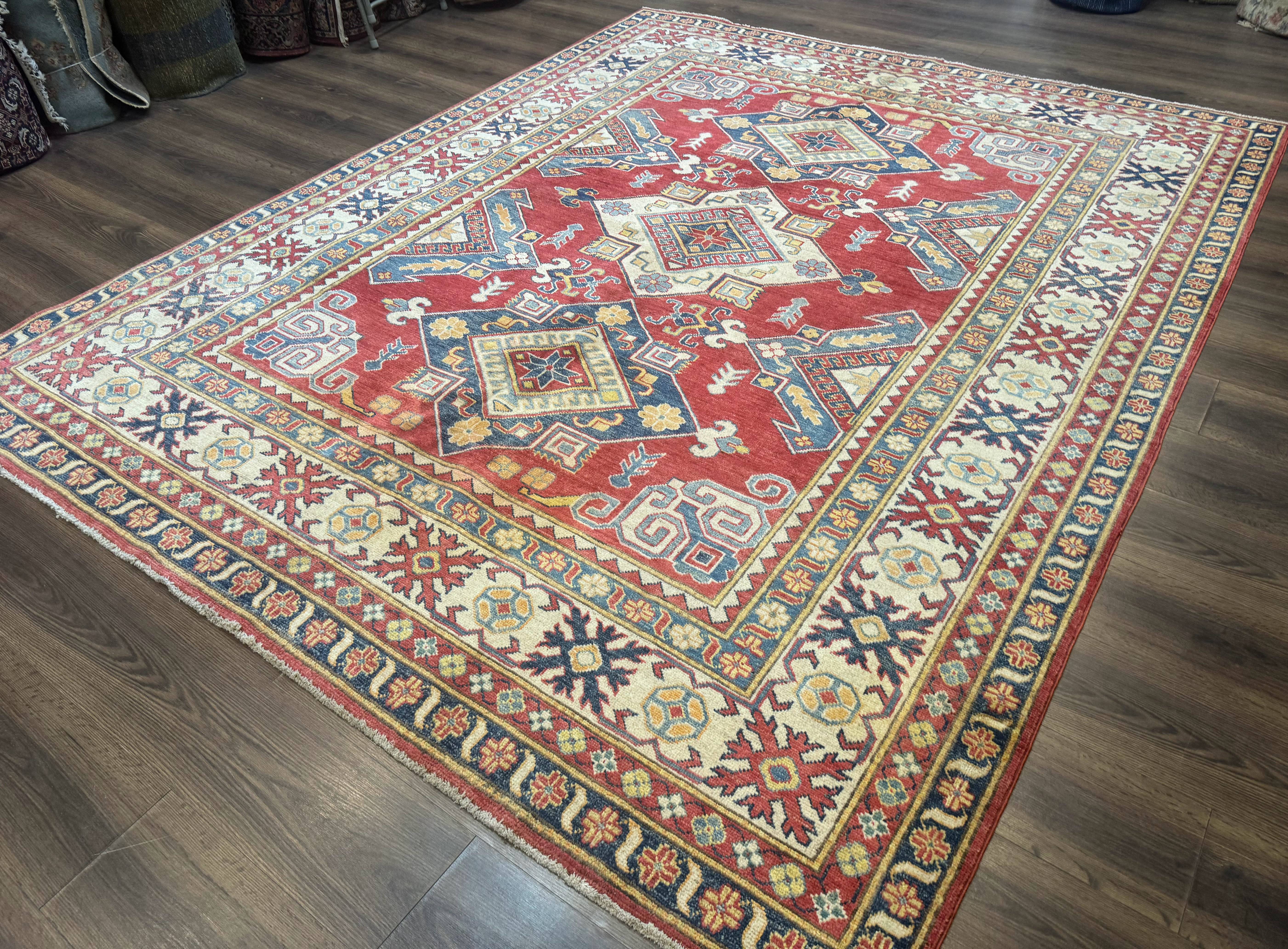 Turkish Kazak Rug 7.6 x 9.5, Geometric Medallions, Caucasian Pattern - Image 2