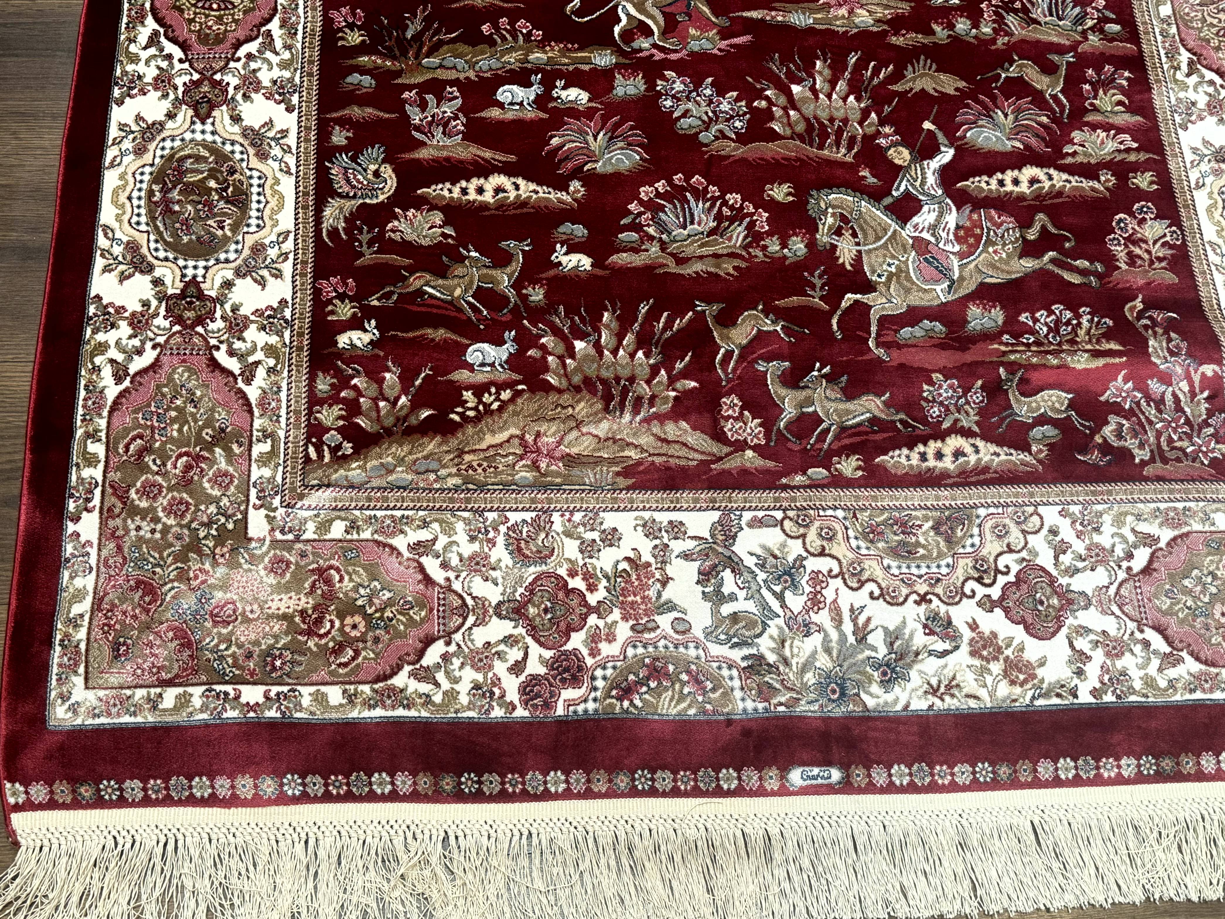 Turkish Silk Hunting Design Rug 4x6, Dark Red & Ivory, Bamboo Silk, New - Image 7