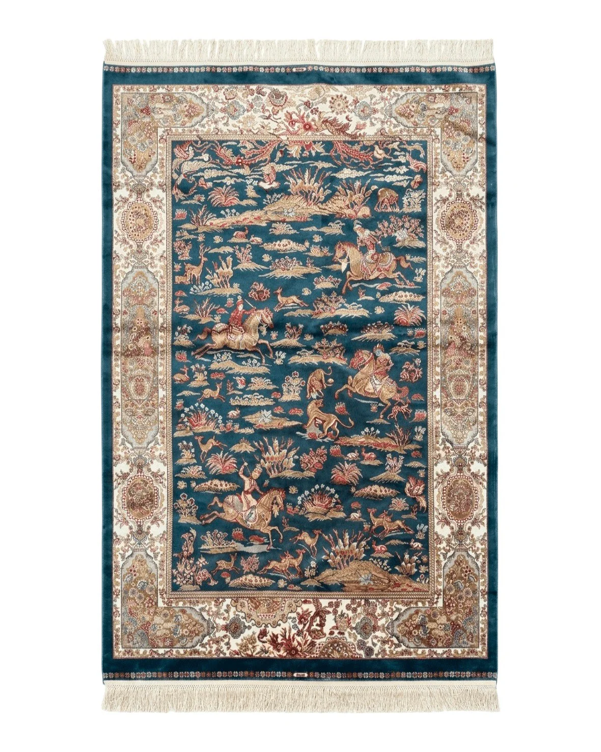 Turkish Silk Hunting Design Rug 4x6, Dark Steel Blue & Ivory, Bamboo Silk, New