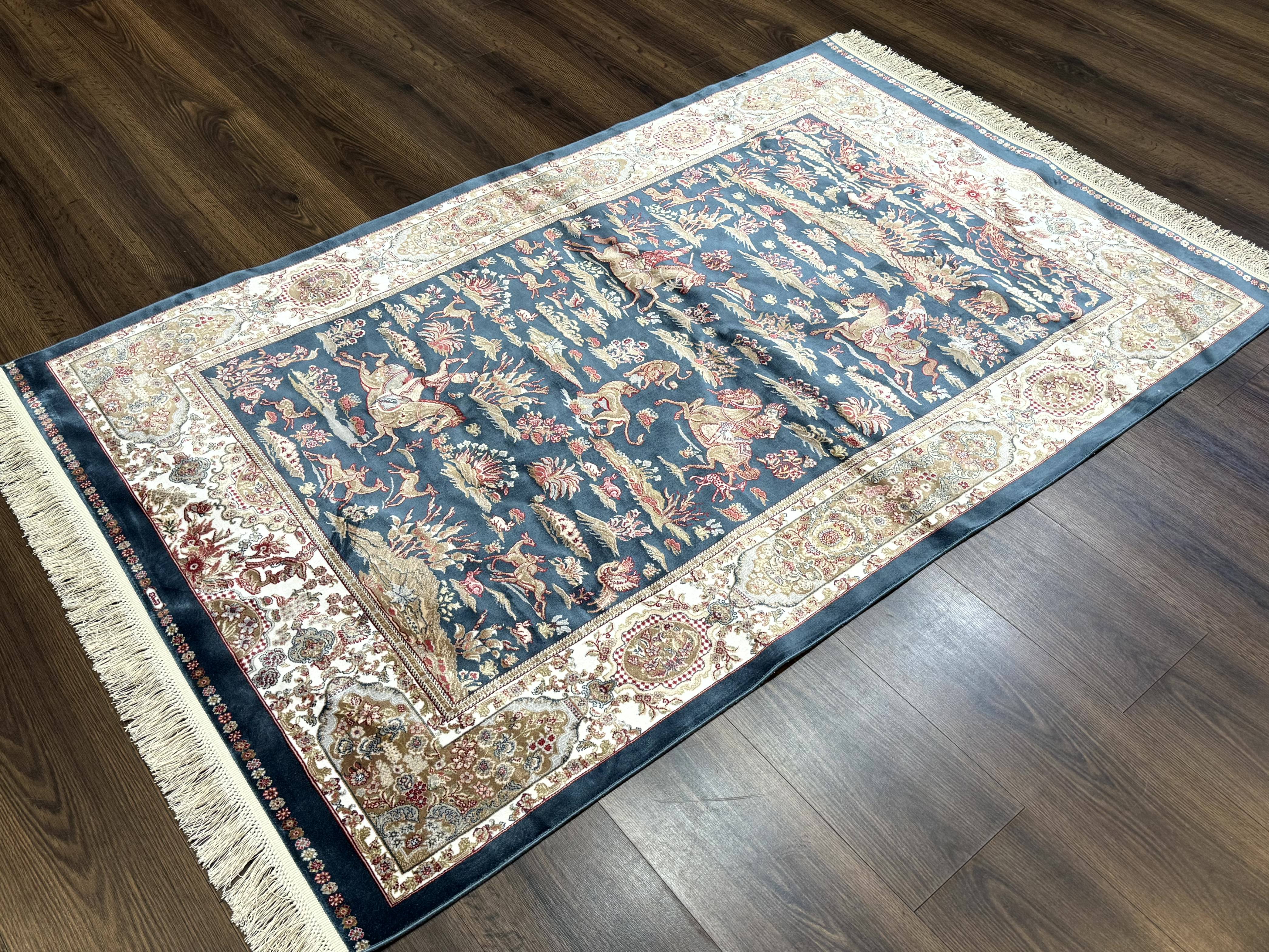 Turkish Silk Hunting Design Rug 4x6, Dark Steel Blue & Ivory, Bamboo Silk, New - Image 13