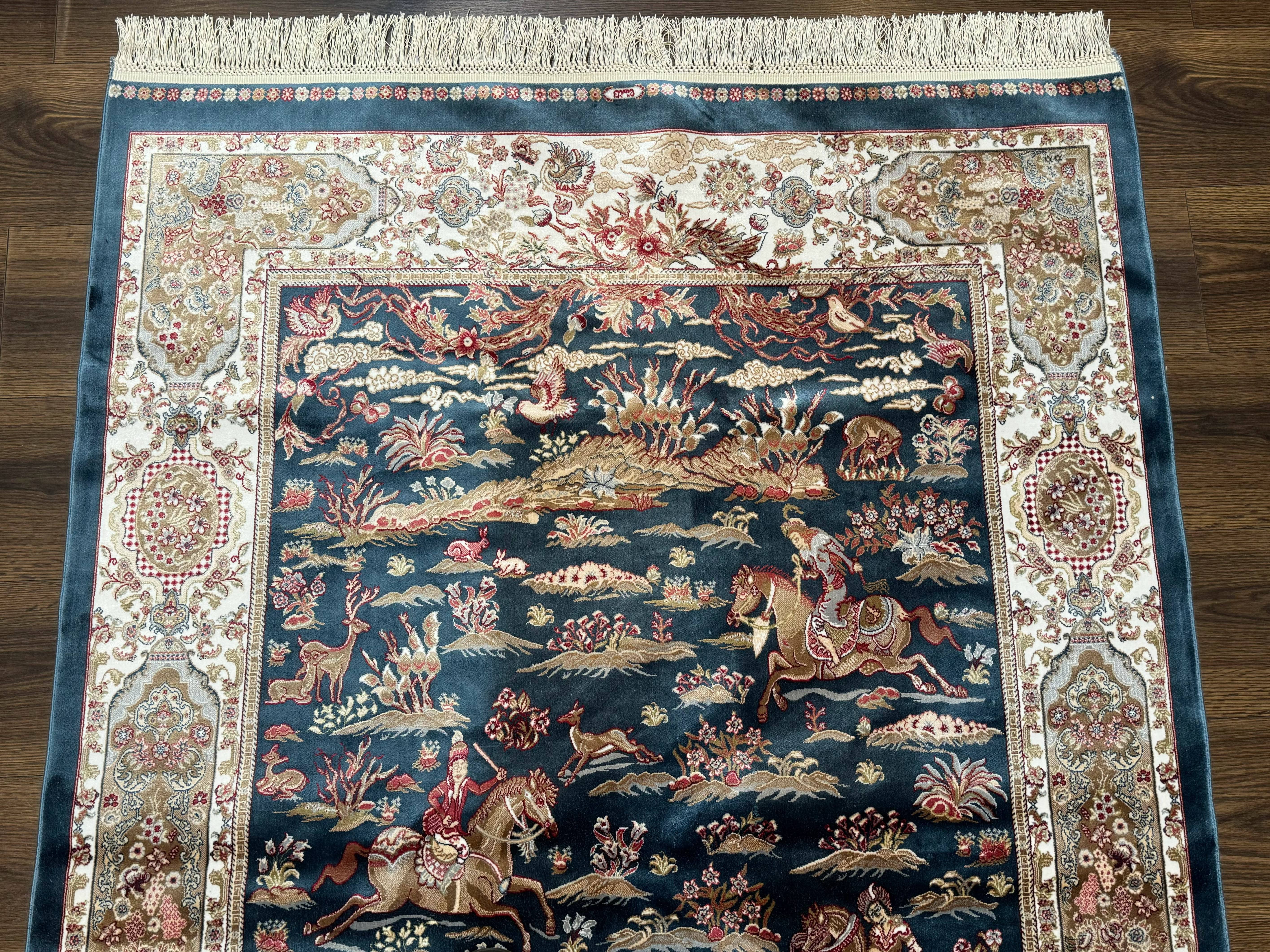 Turkish Silk Hunting Design Rug 4x6, Dark Steel Blue & Ivory, Bamboo Silk, New - Image 3