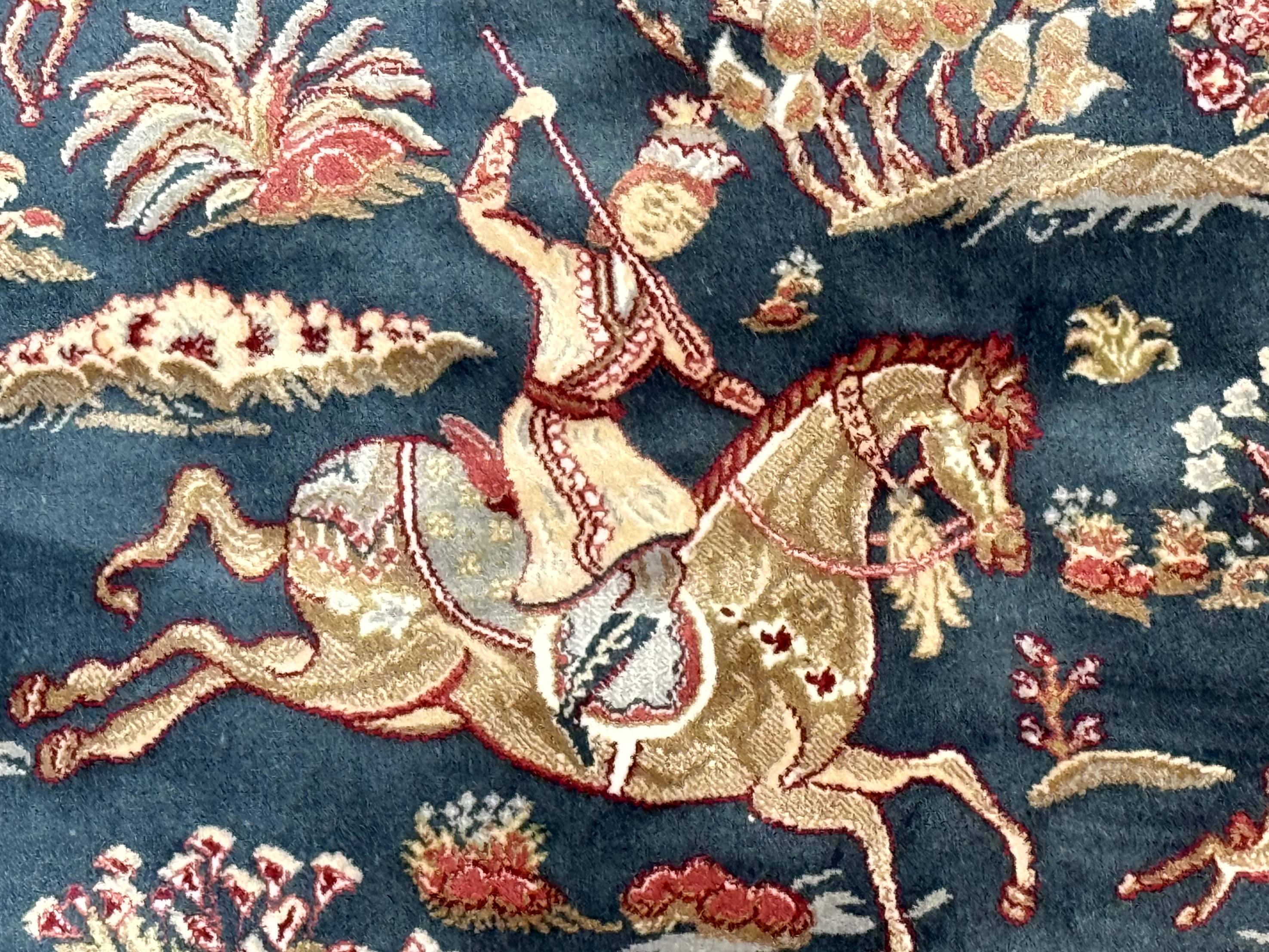 Turkish Silk Hunting Design Rug 4x6, Dark Steel Blue & Ivory, Bamboo Silk, New - Image 4