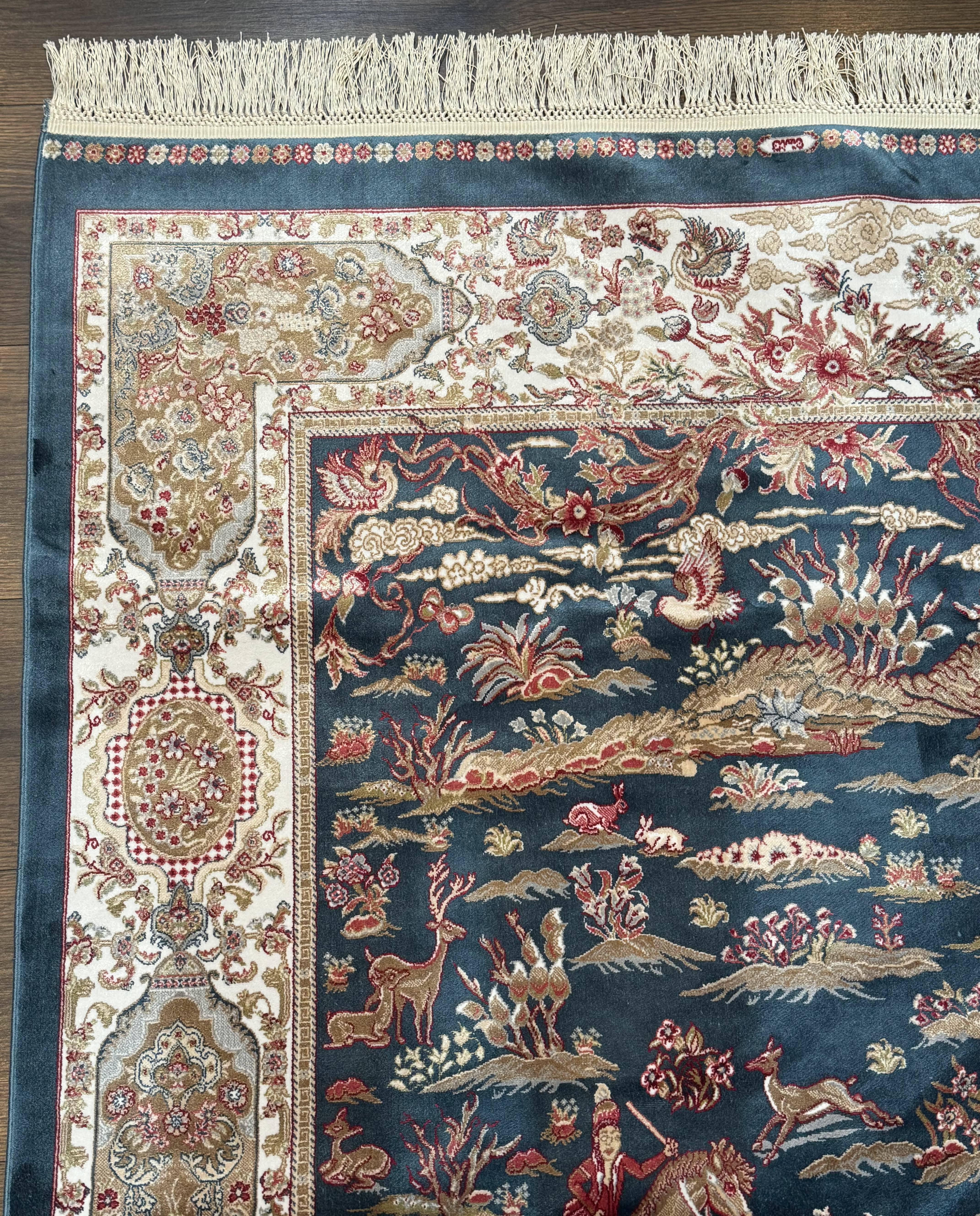 Turkish Silk Hunting Design Rug 4x6, Dark Steel Blue & Ivory, Bamboo Silk, New - Image 6