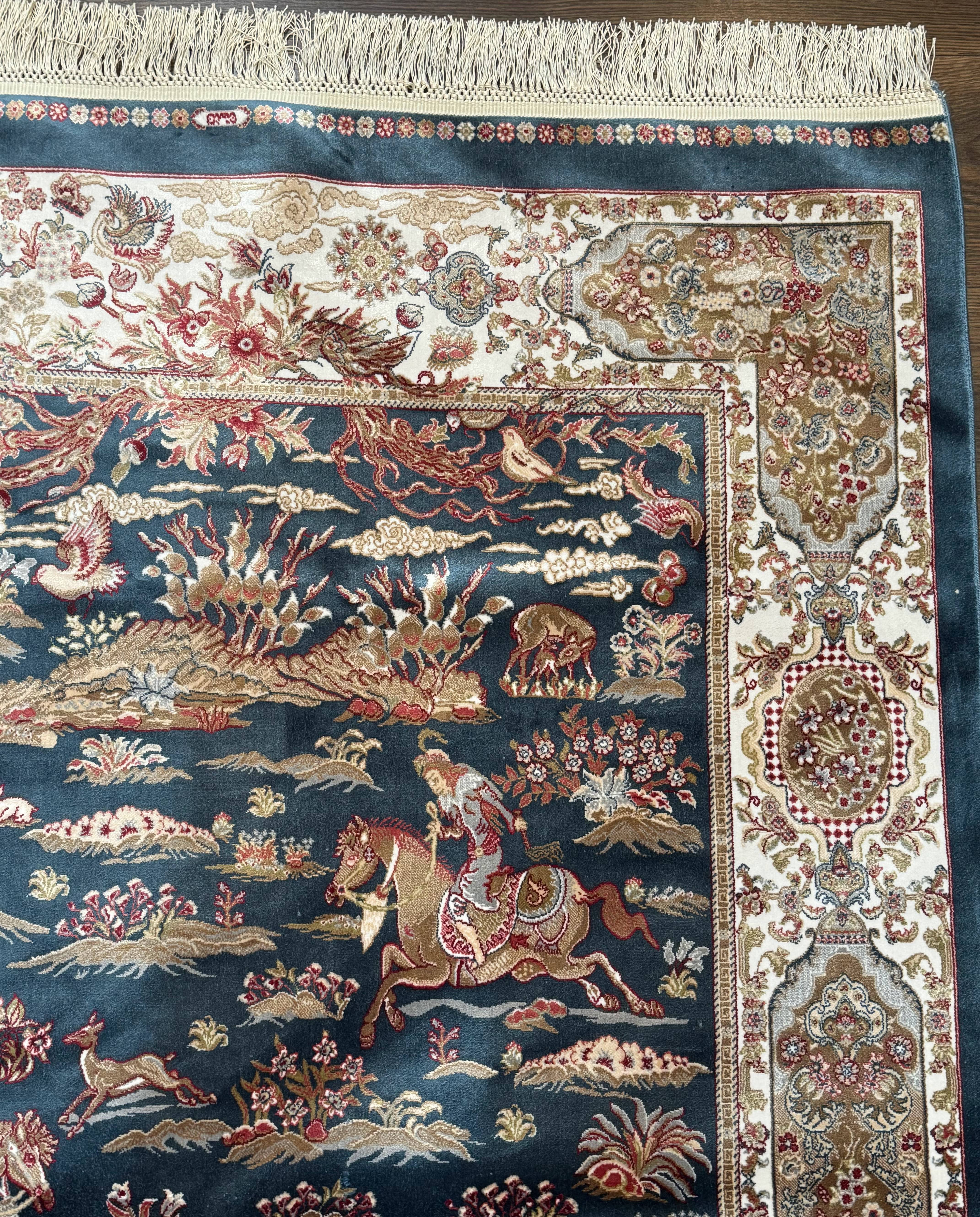 Turkish Silk Hunting Design Rug 4x6, Dark Steel Blue & Ivory, Bamboo Silk, New - Image 9