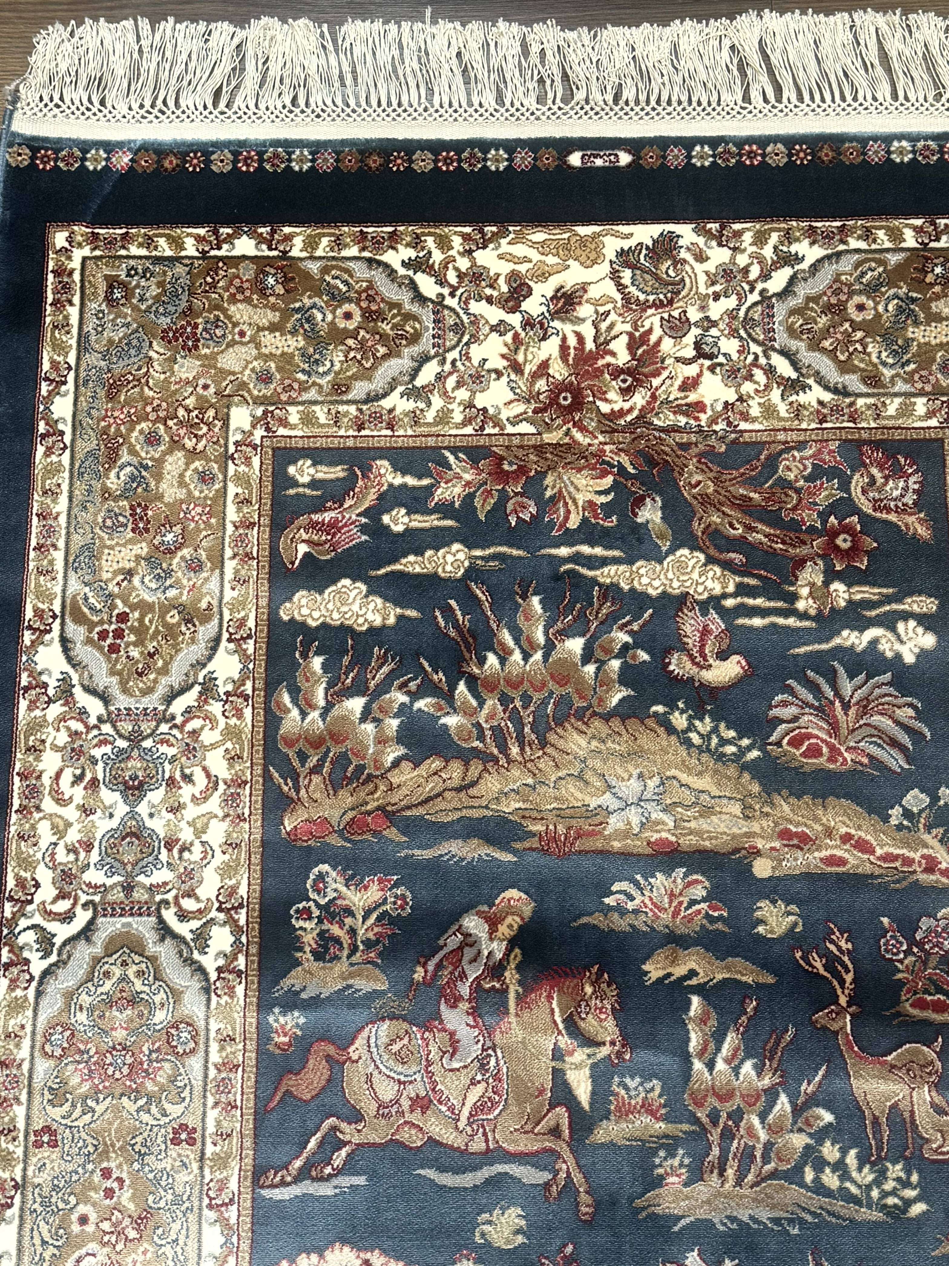 Turkish Silk Hunting Scene Rug 2.6 x 5, Dark Steel Blue & Ivory, Bamboo Silk, New - Image 6
