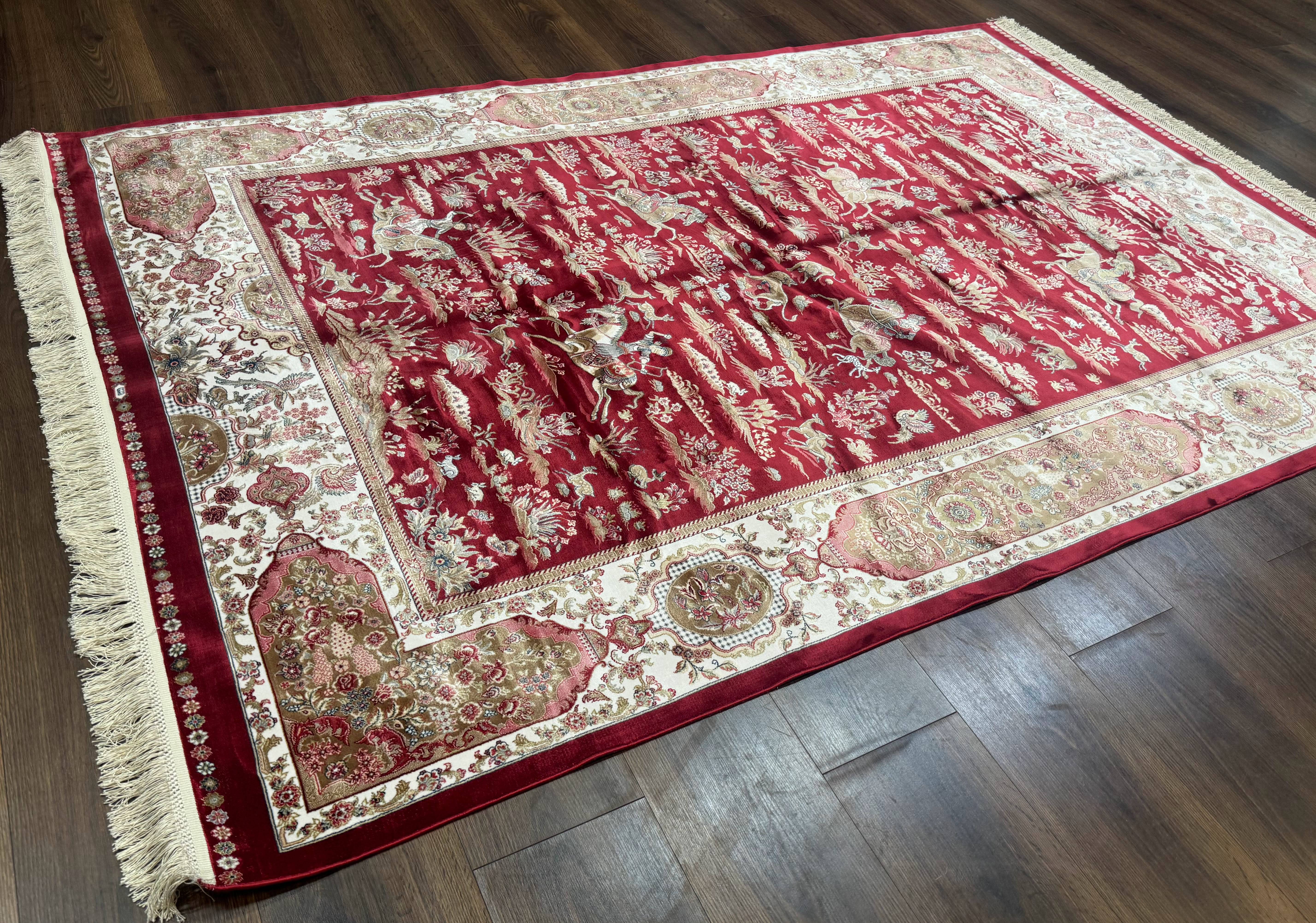 Turkish Silk Hunting Scene Rug 5 x 7.6, Red & Ivory, Bamboo Silk, New - Image 13