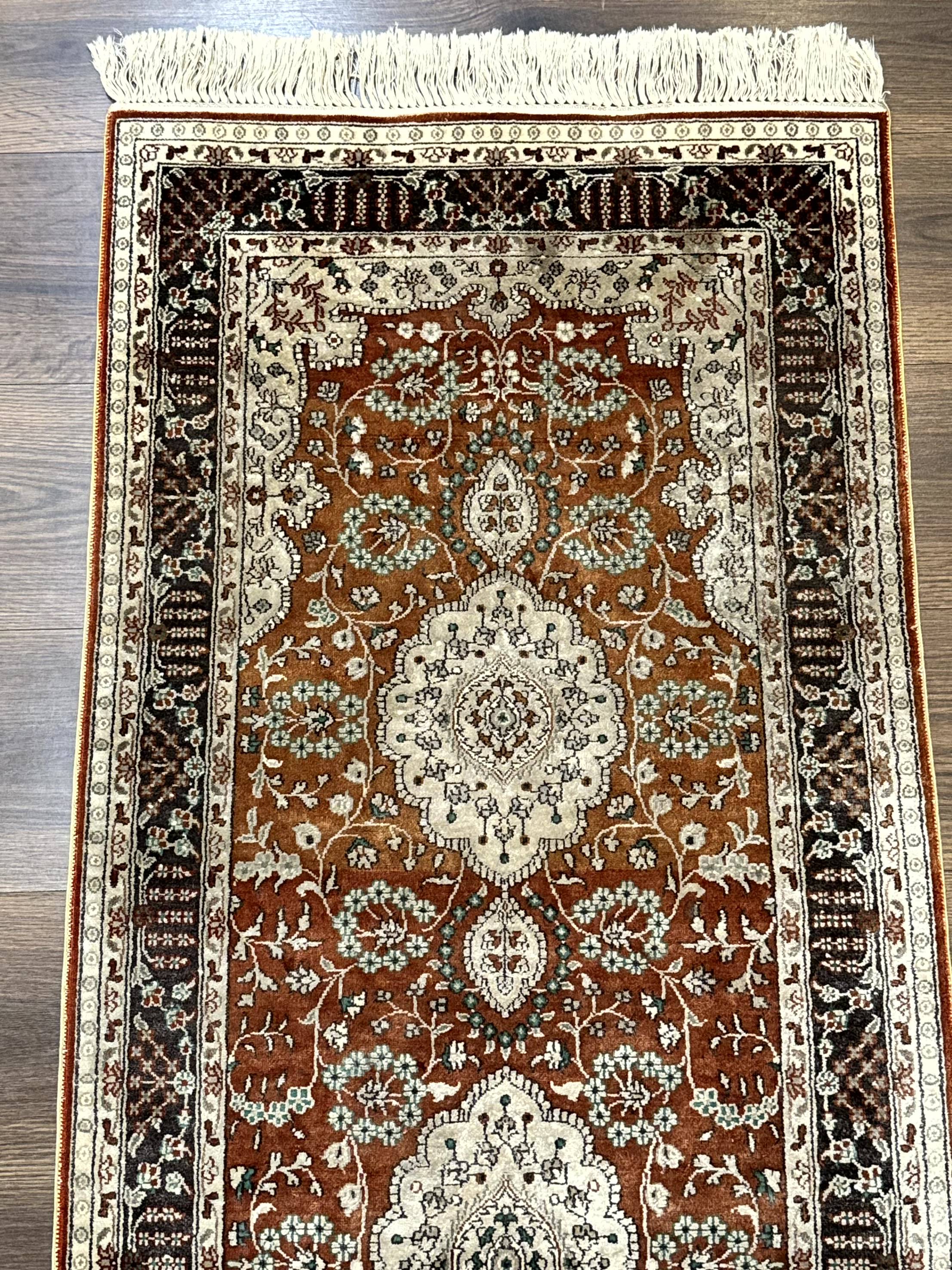 Turkish Silk Narrow Runner Rug 2 x 5.8, Very Fine 340 KPSI, Floral Medallions, Red - Image 3