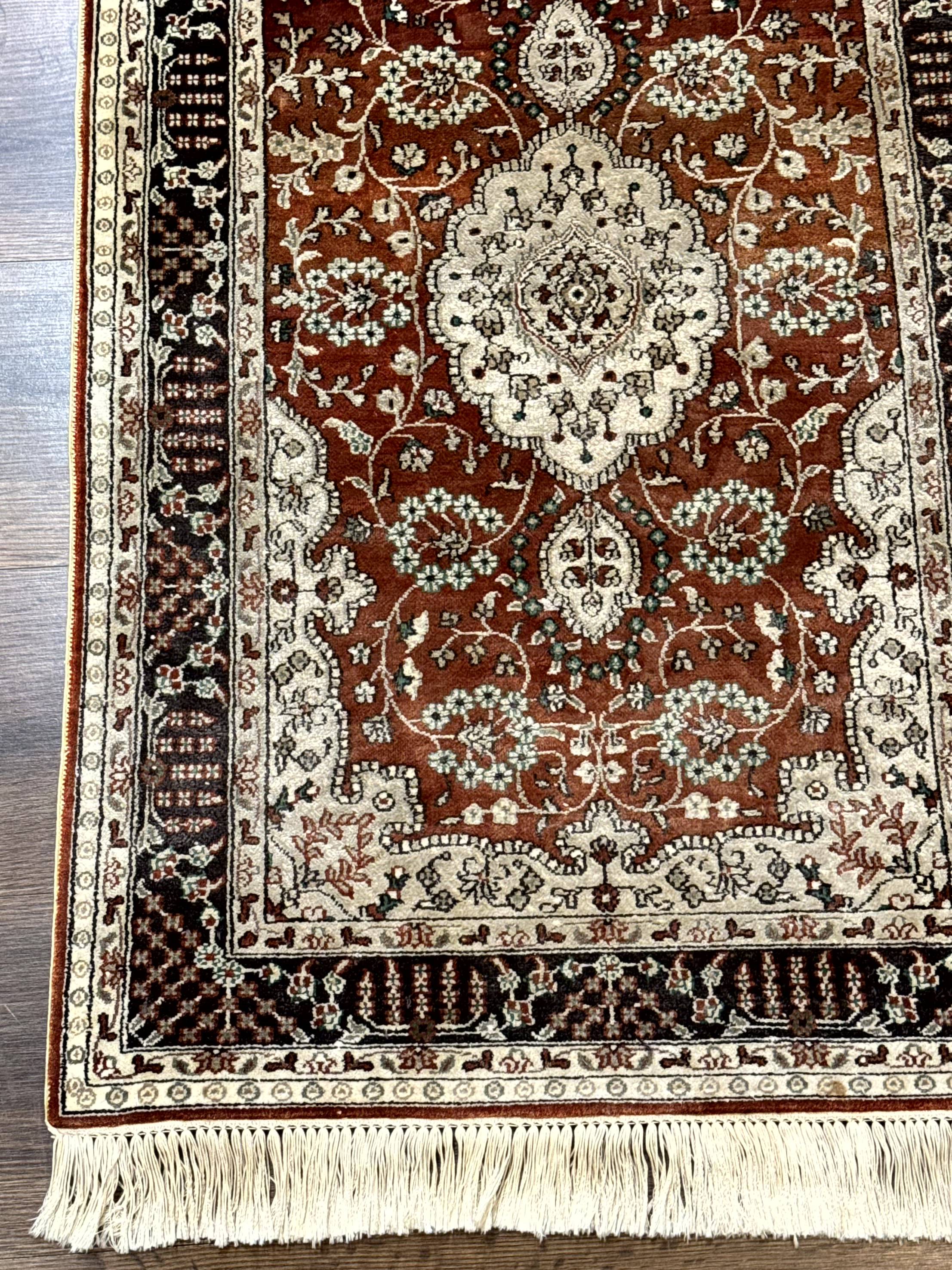 Turkish Silk Narrow Runner Rug 2 x 5.8, Very Fine 340 KPSI, Floral Medallions, Red - Image 8