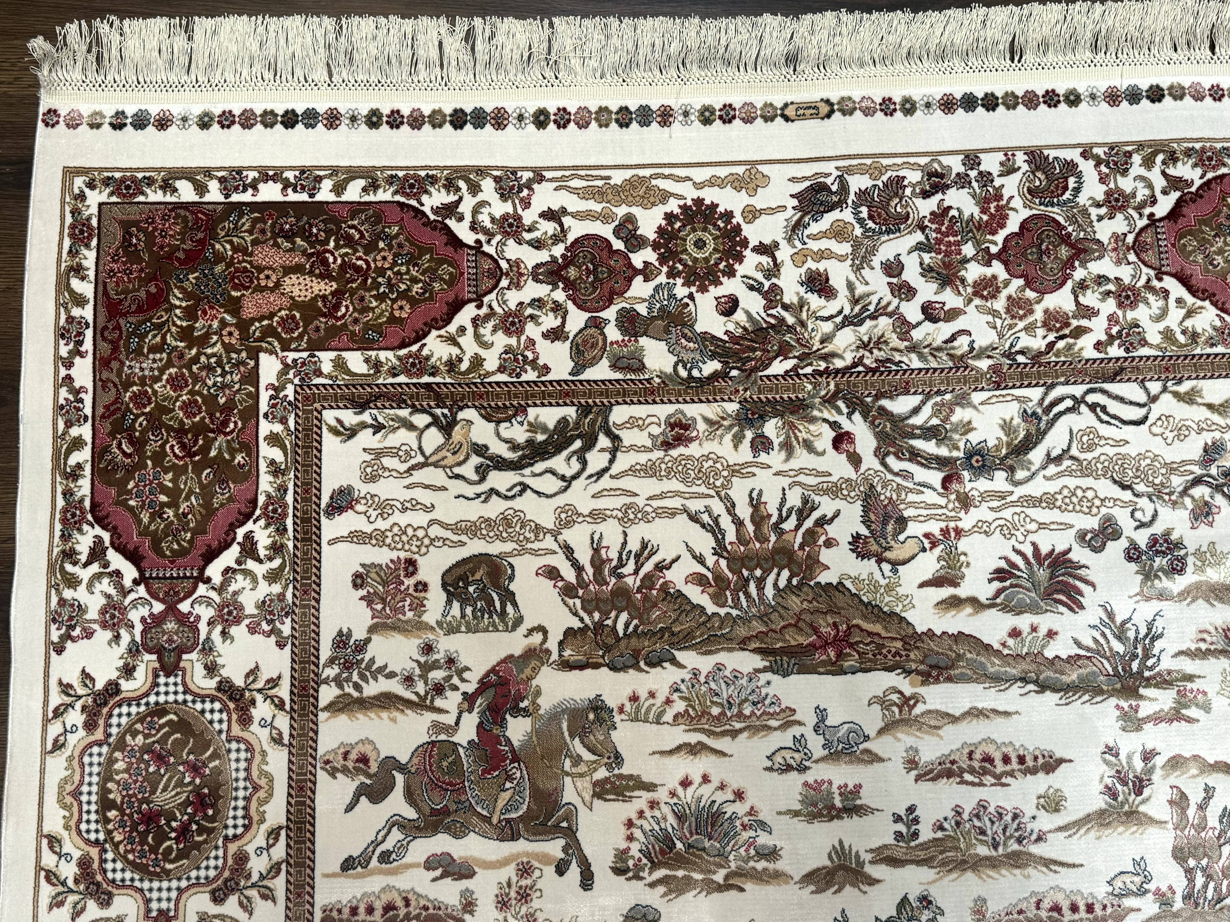 Turkish Silk Rug 5x8, Ivory, Hunting Design, Animal Pictorials, Bamboo Silk - Image 7