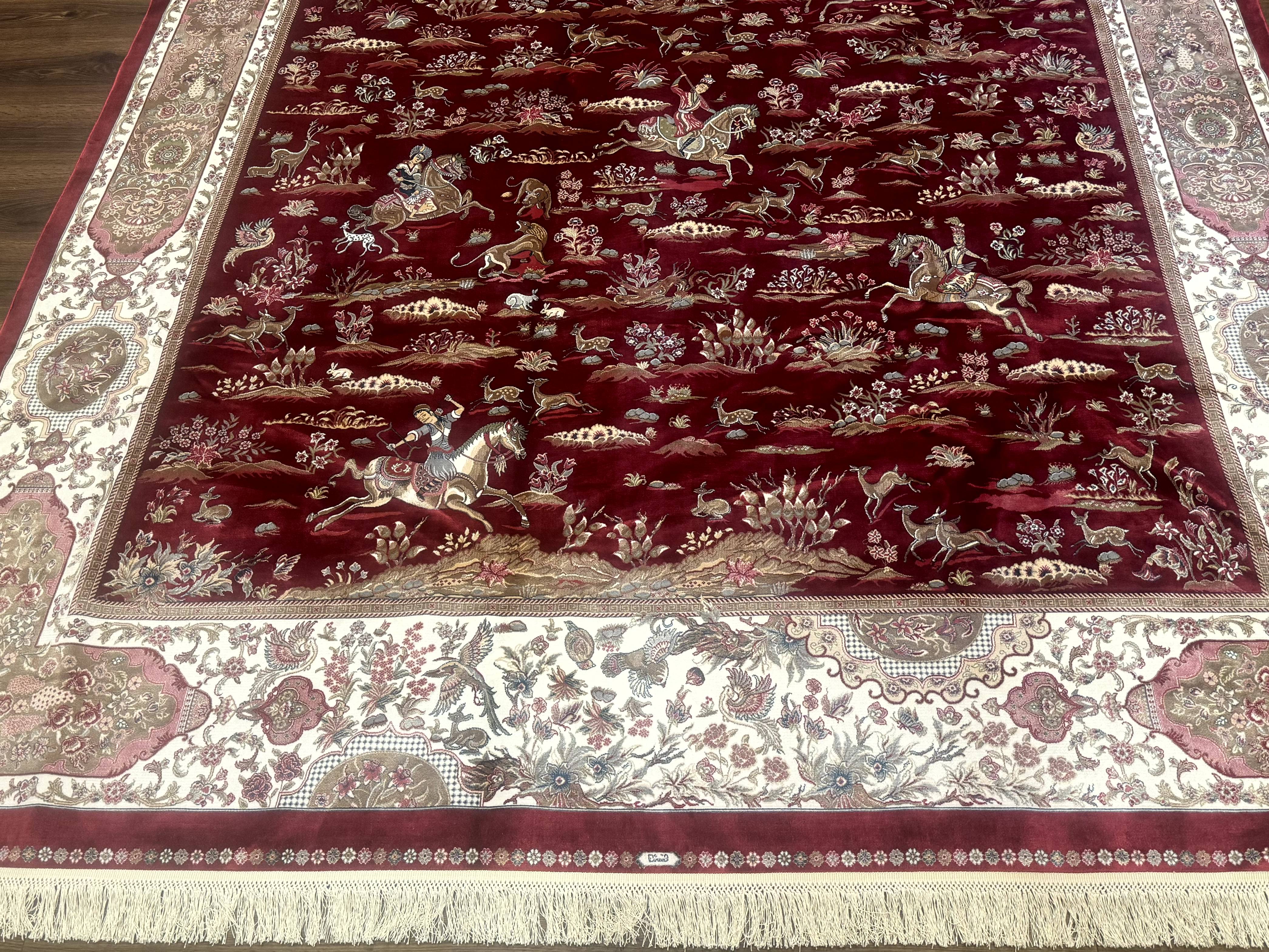 Turkish Silk Rug 8x10, Red & Ivory, Hunting Design, Bamboo Silk, New - Image 5