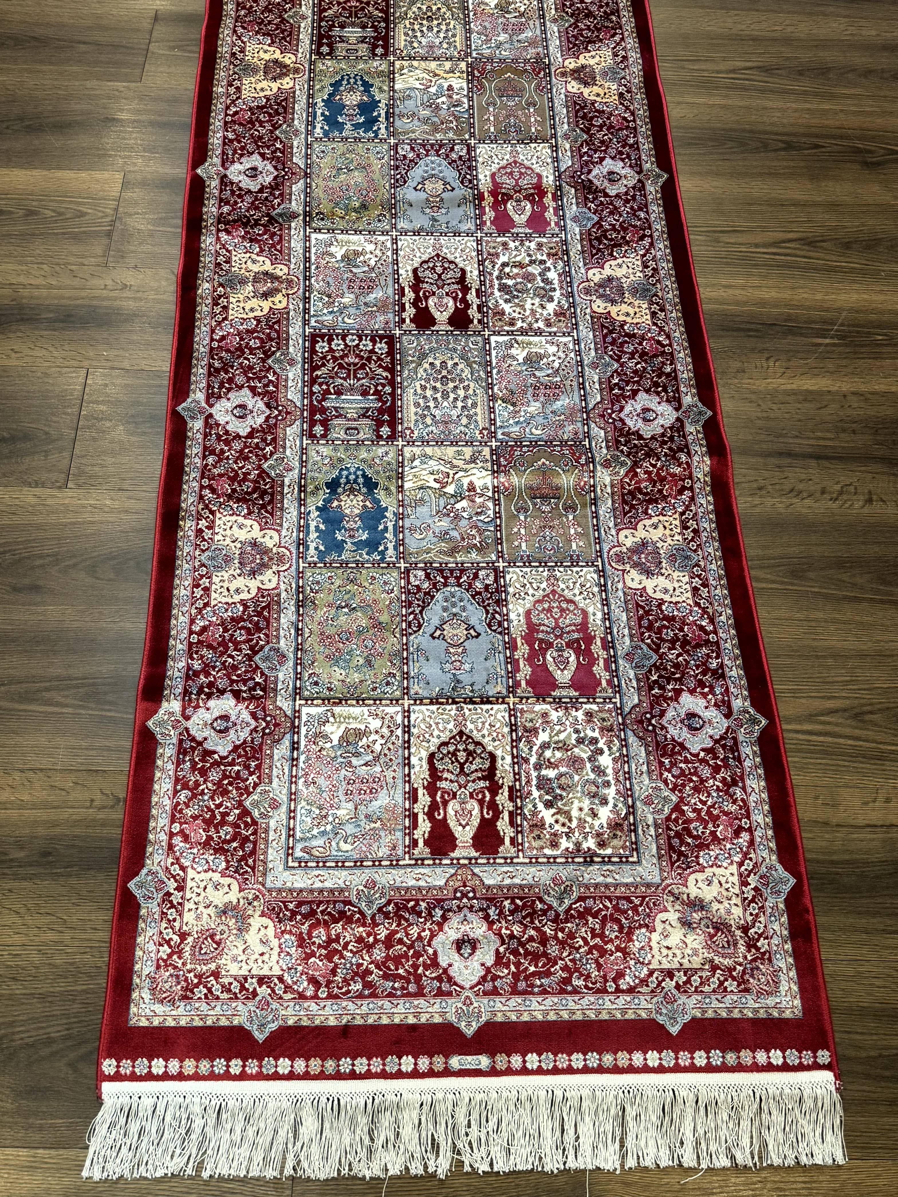 Turkish Silk Runner Rug 2.6 x 11.6, Panel Design, Dark Red Ivory, Bamboo Silk, New - Image 5