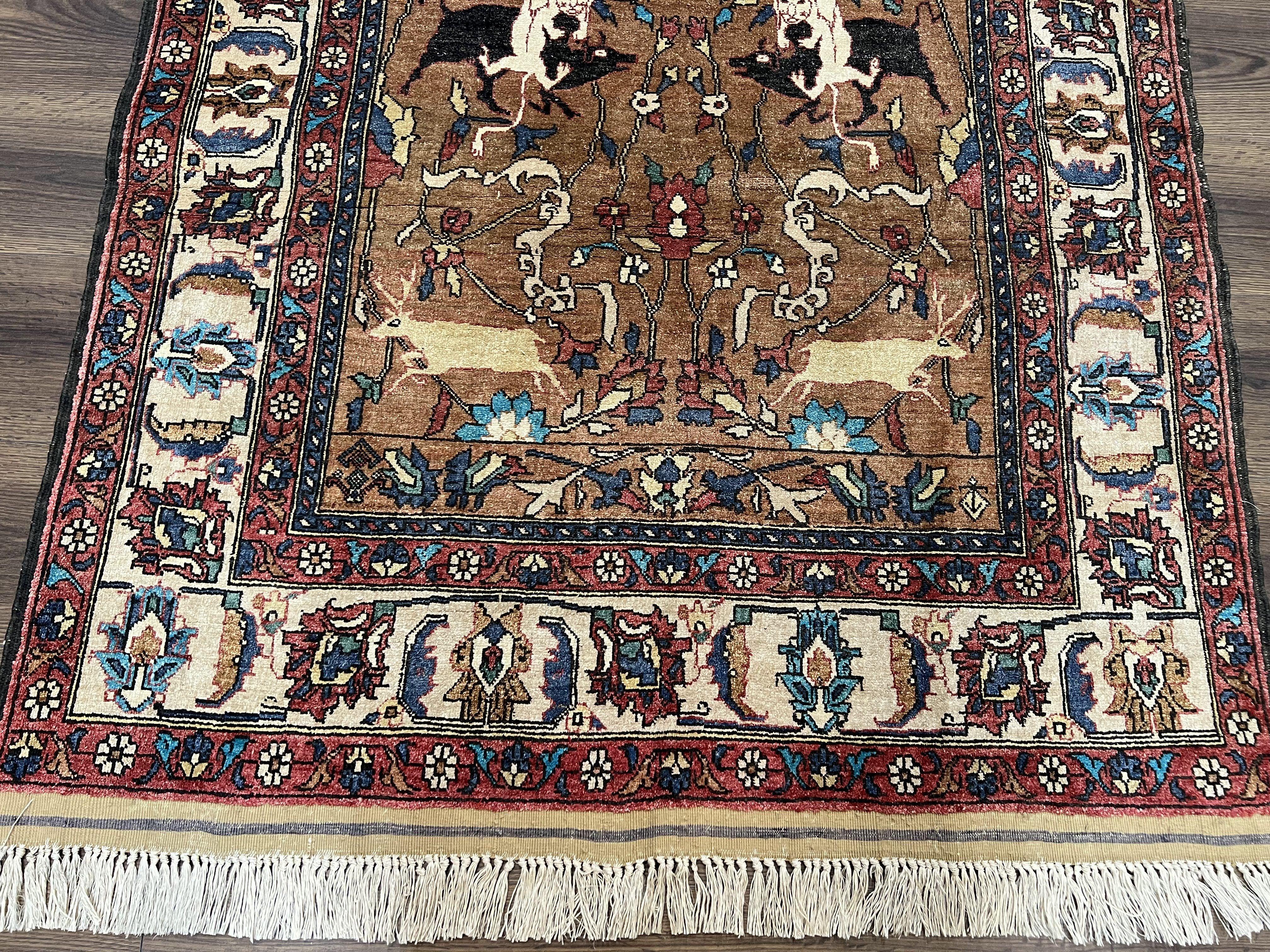 Unique Afghan Silk Rug 4x6, Hunting Pattern Animal Motifs, Light Brown and Cream, Persian Handwritten Poetry, Fine 1940s Oriental Carpet Wow - Image 6