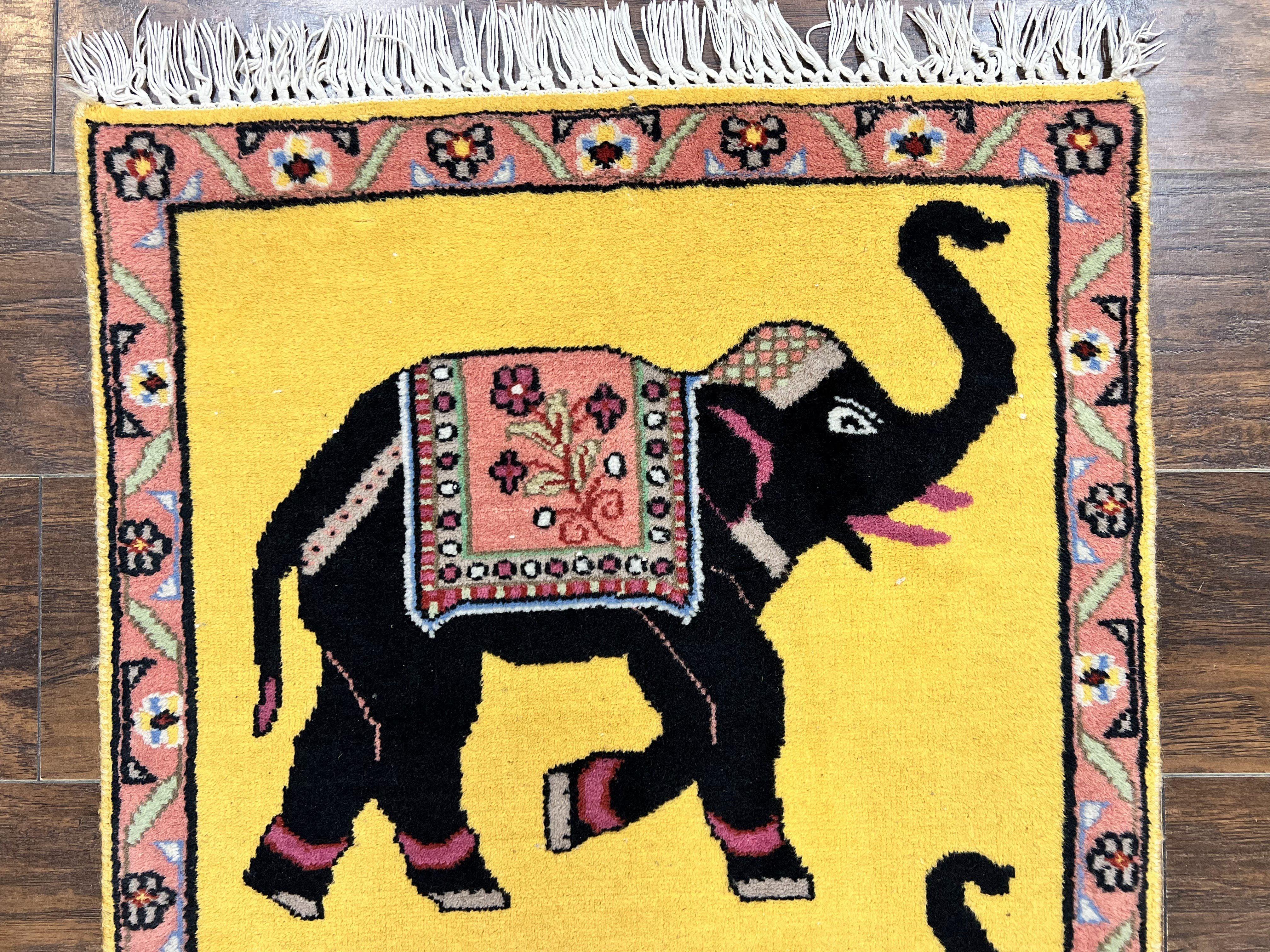 Unique Indian Pictorial Rug 2x3, Small Wool Hand Knotted Oriental Carpet, Yellow, Two Elephants, Handmade - Image 2