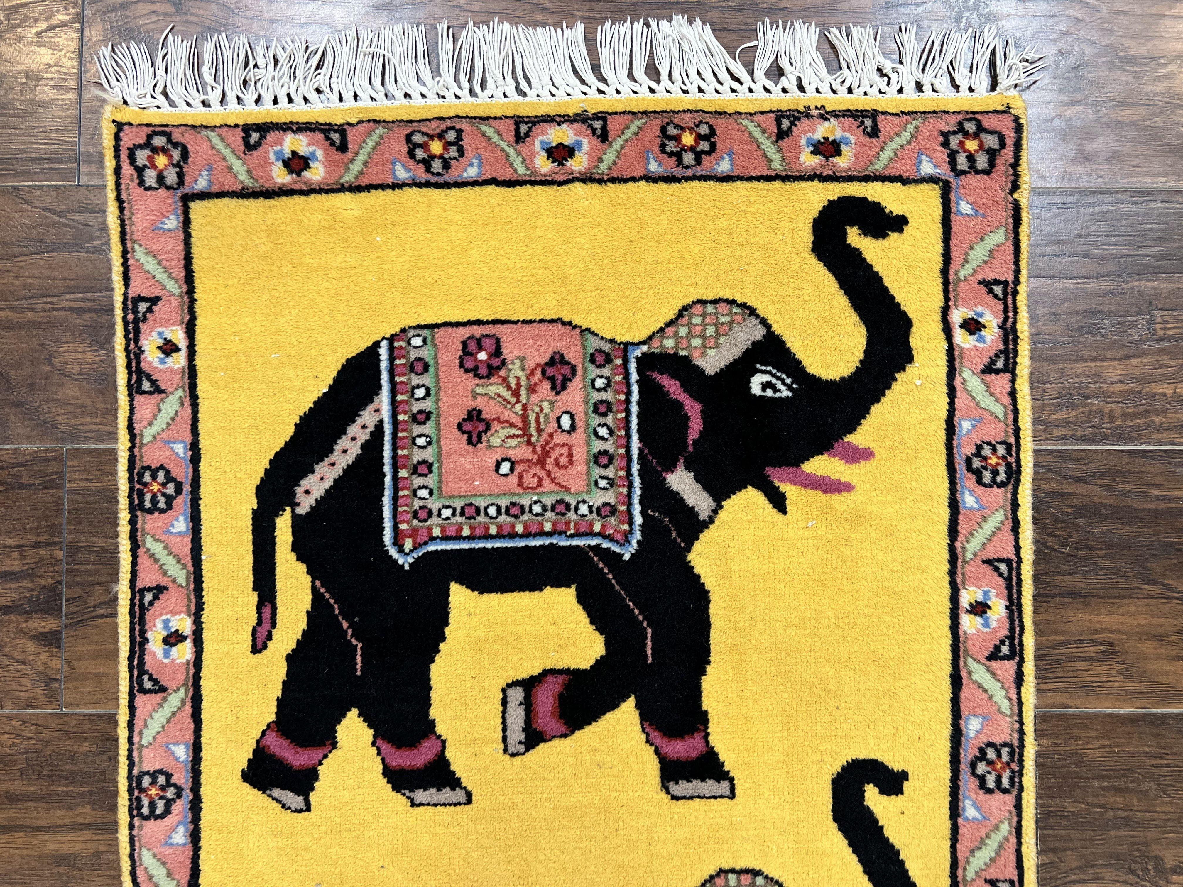 Unique Indian Pictorial Rug 2x3, Small Wool Hand Knotted Oriental Carpet, Yellow, Two Elephants, Handmade - Image 5