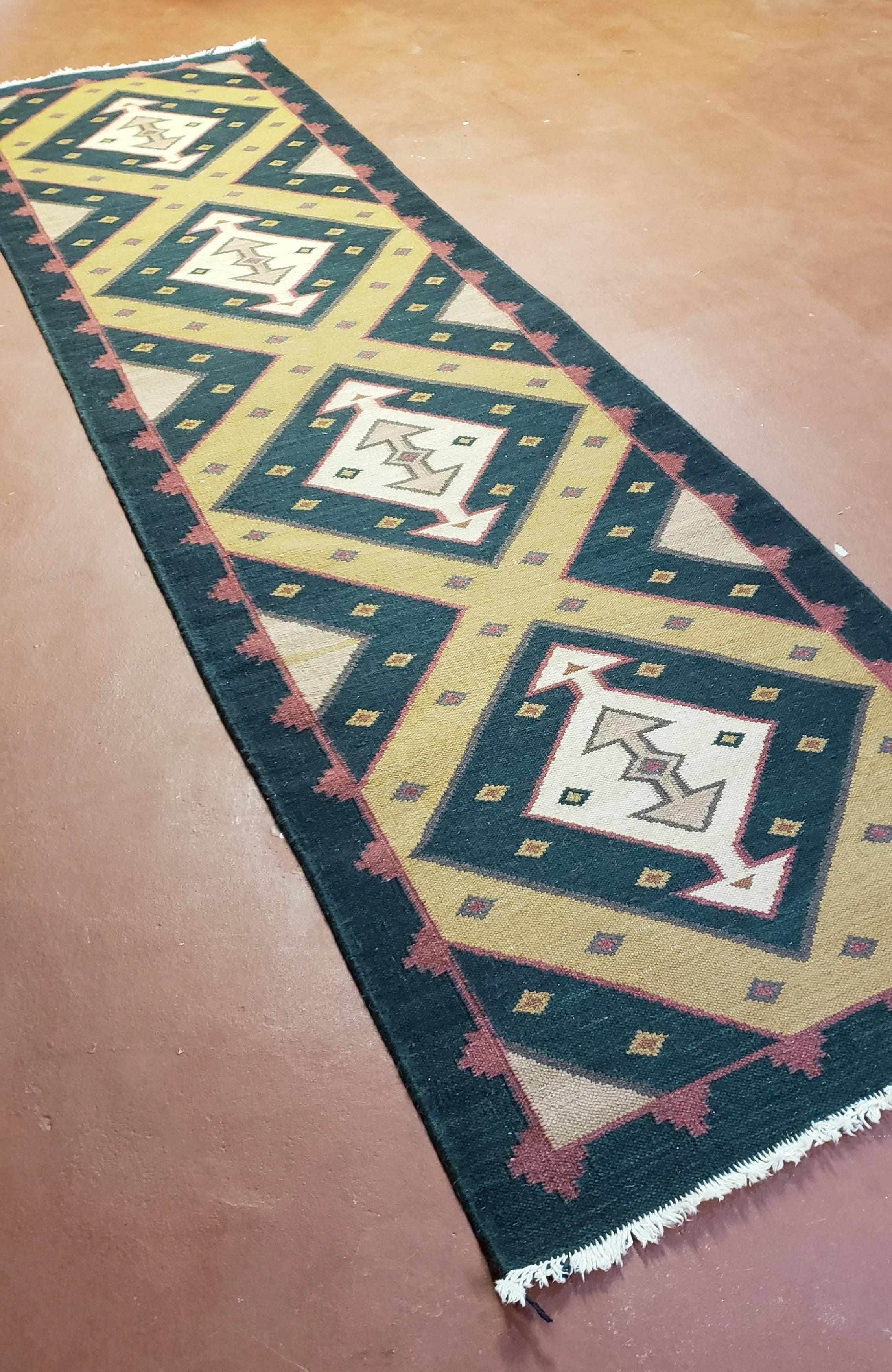 Vintage Indian Kilim Runner Rug, Geometric Flatweave Hand-Knotted Wool Kitchen Hallway Runner, Black Gold & Beige, 2' 8" x 9' 9" - Image 2