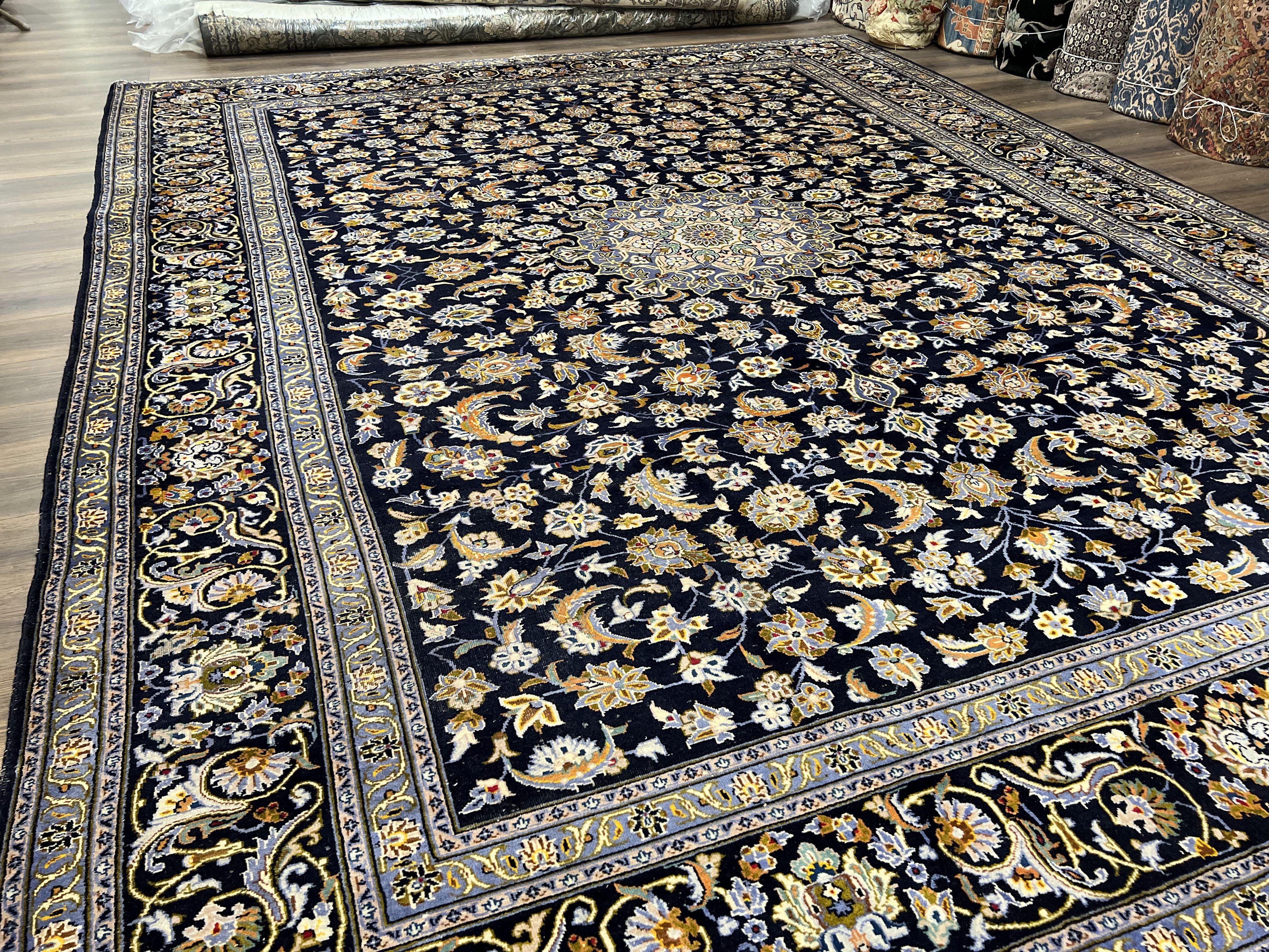 Wonderful Navy Blue Persian Kashan Rug 11x13, Allover Floral Design with Central Medallion, Wool Hand-Knotted Antique Carpet, Signed Rabani Rug - Image 2