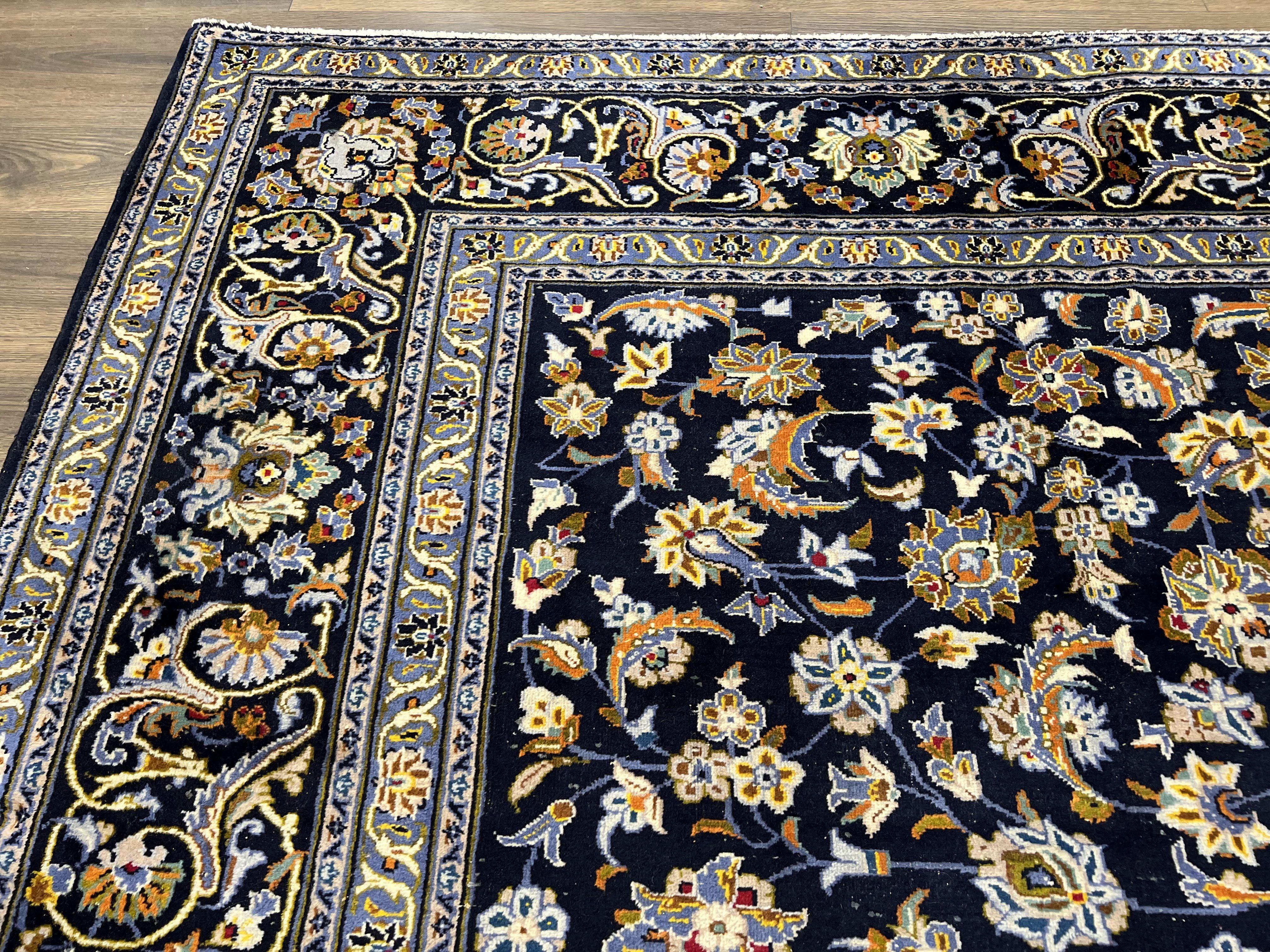 Wonderful Navy Blue Persian Kashan Rug 11x13, Allover Floral Design with Central Medallion, Wool Hand-Knotted Antique Carpet, Signed Rabani Rug - Image 6