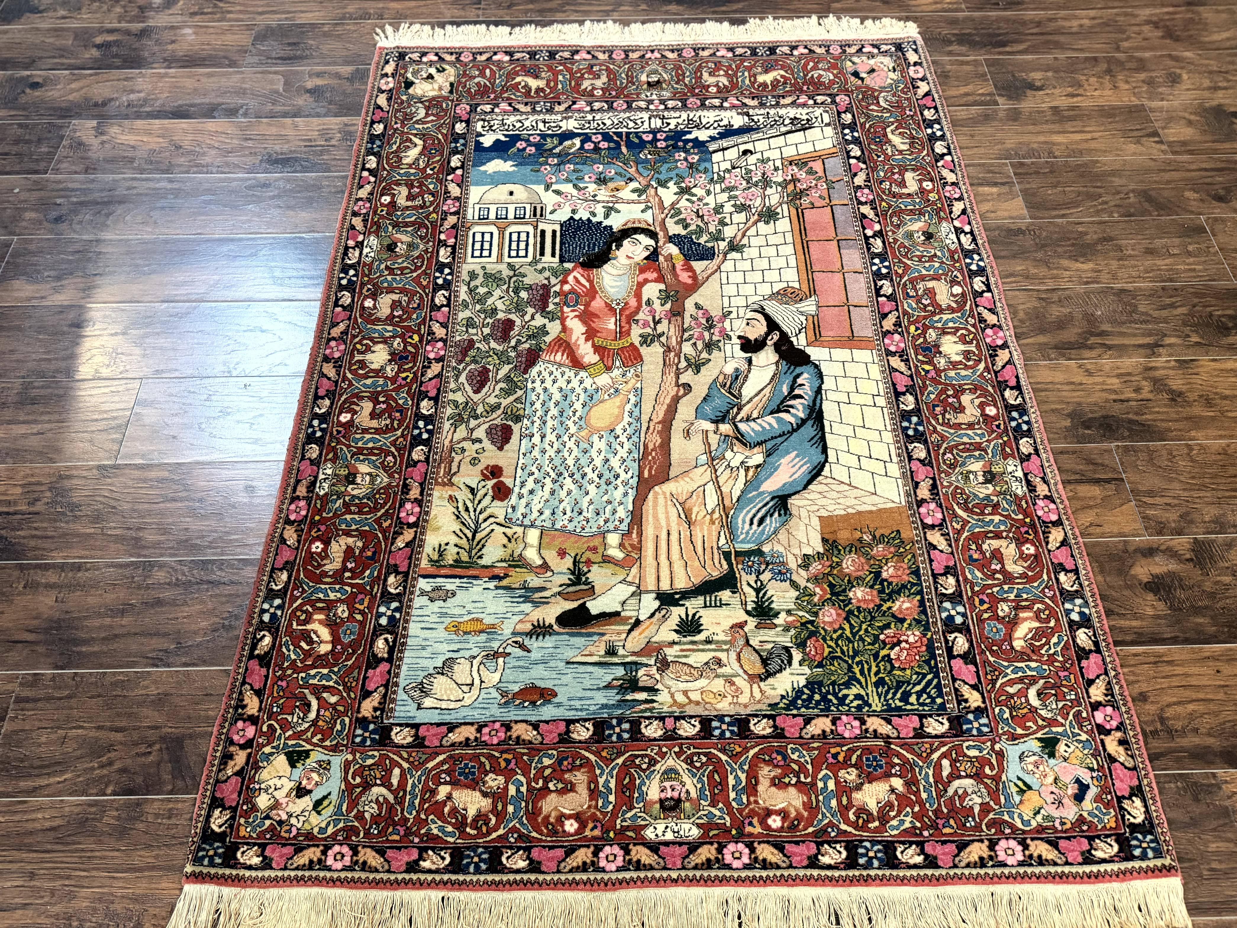 Wonderful Persian Kashan Pictorial Rug 4.7 x 6.5, Persian Rug for Wall Hanging, Handmade Antique Wool Carpet Animal Motifs Poetry Lovers, 240 KPSI - Image 12