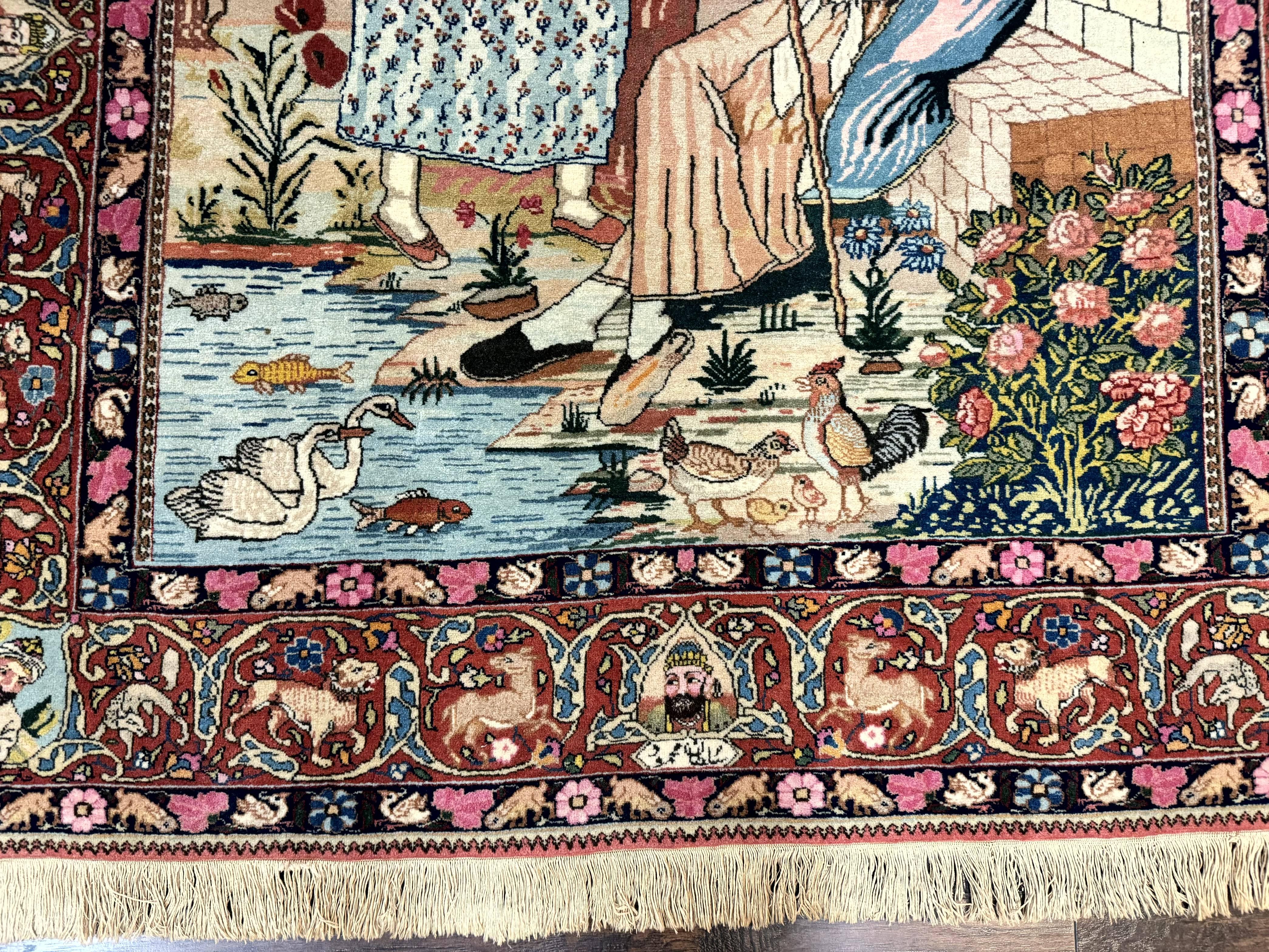 Wonderful Persian Kashan Pictorial Rug 4.7 x 6.5, Persian Rug for Wall Hanging, Handmade Antique Wool Carpet Animal Motifs Poetry Lovers, 240 KPSI - Image 5