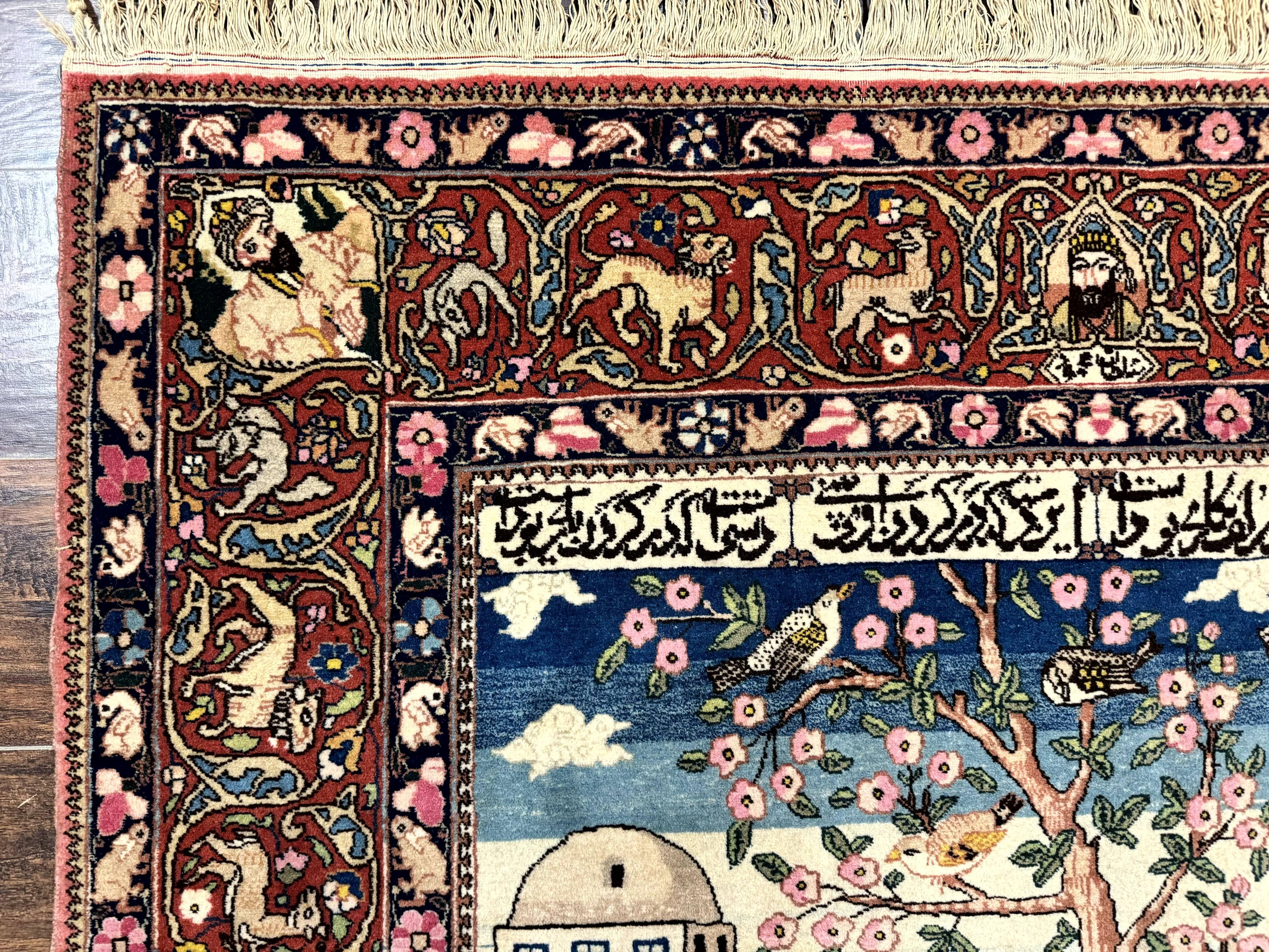 Wonderful Persian Kashan Pictorial Rug 4.7 x 6.5, Persian Rug for Wall Hanging, Handmade Antique Wool Carpet Animal Motifs Poetry Lovers, 240 KPSI - Image 6