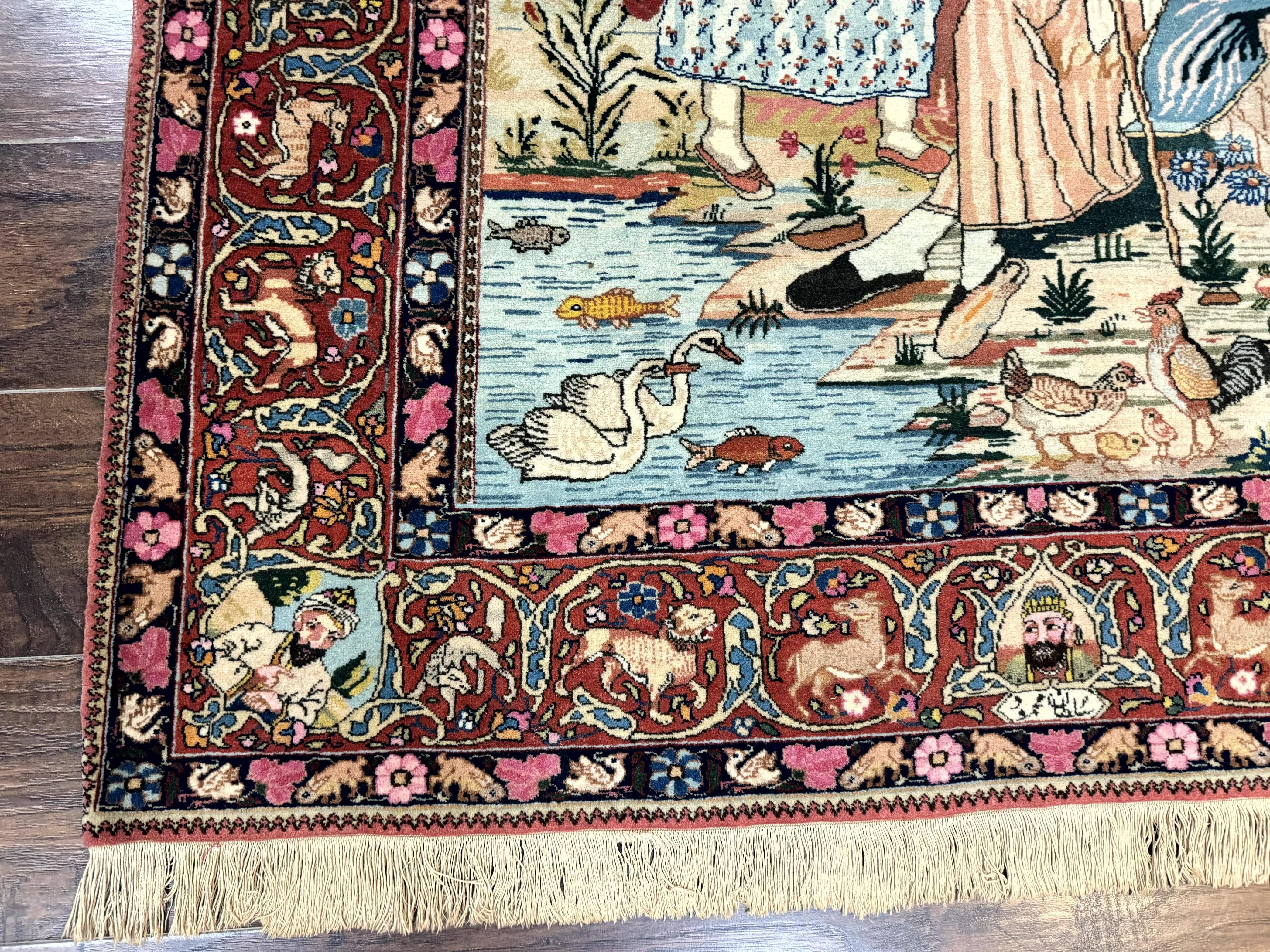 Wonderful Persian Kashan Pictorial Rug 4.7 x 6.5, Persian Rug for Wall Hanging, Handmade Antique Wool Carpet Animal Motifs Poetry Lovers, 240 KPSI - Image 8