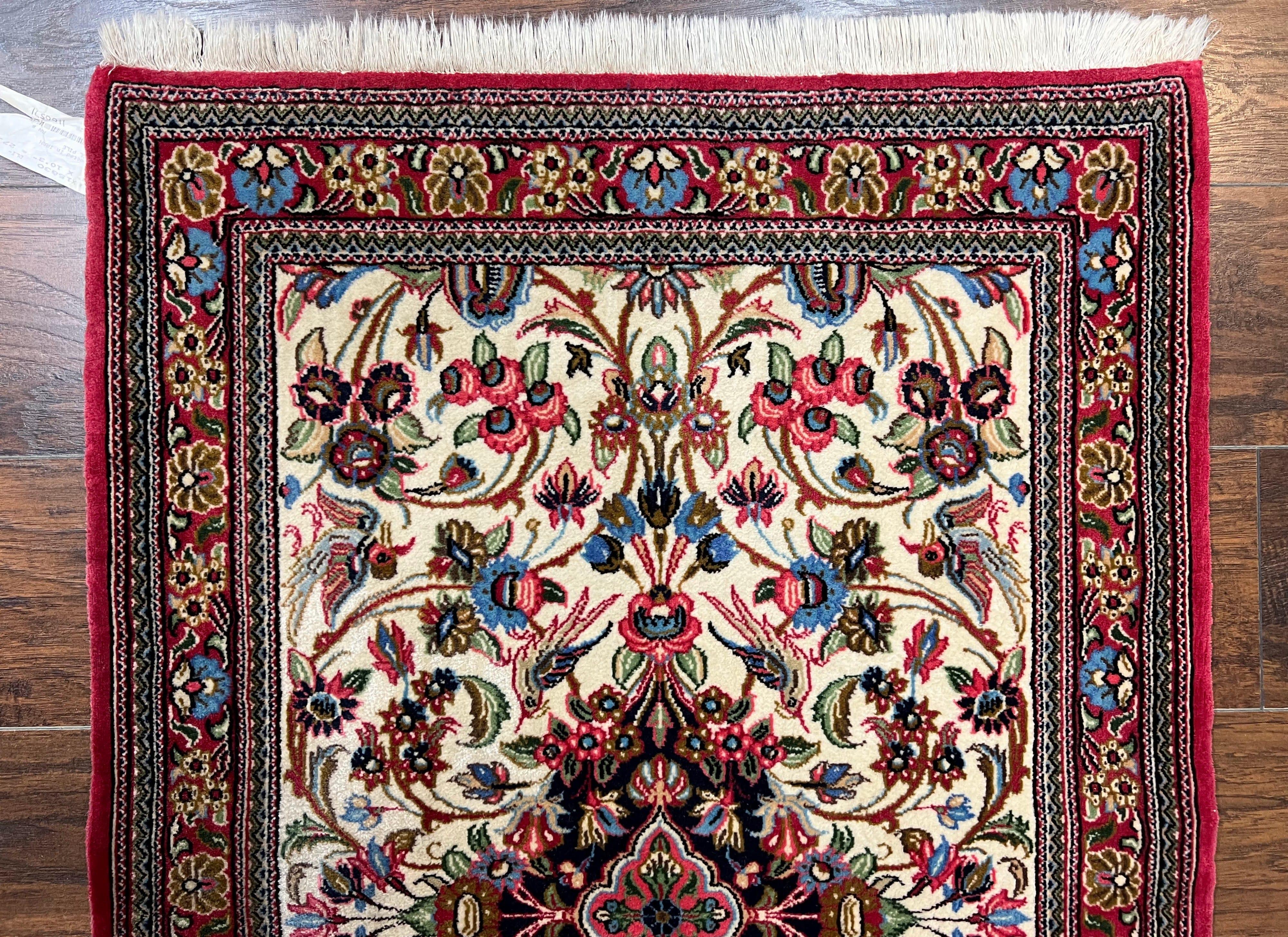 Wonderful Persian Qum Runner Rug 2.8 x 10 ft, Floral Medallions with Bird Motifs, Hand Knotted Wool Fine Oriental 10ft Hallway Runner, Cream Red - Image 2