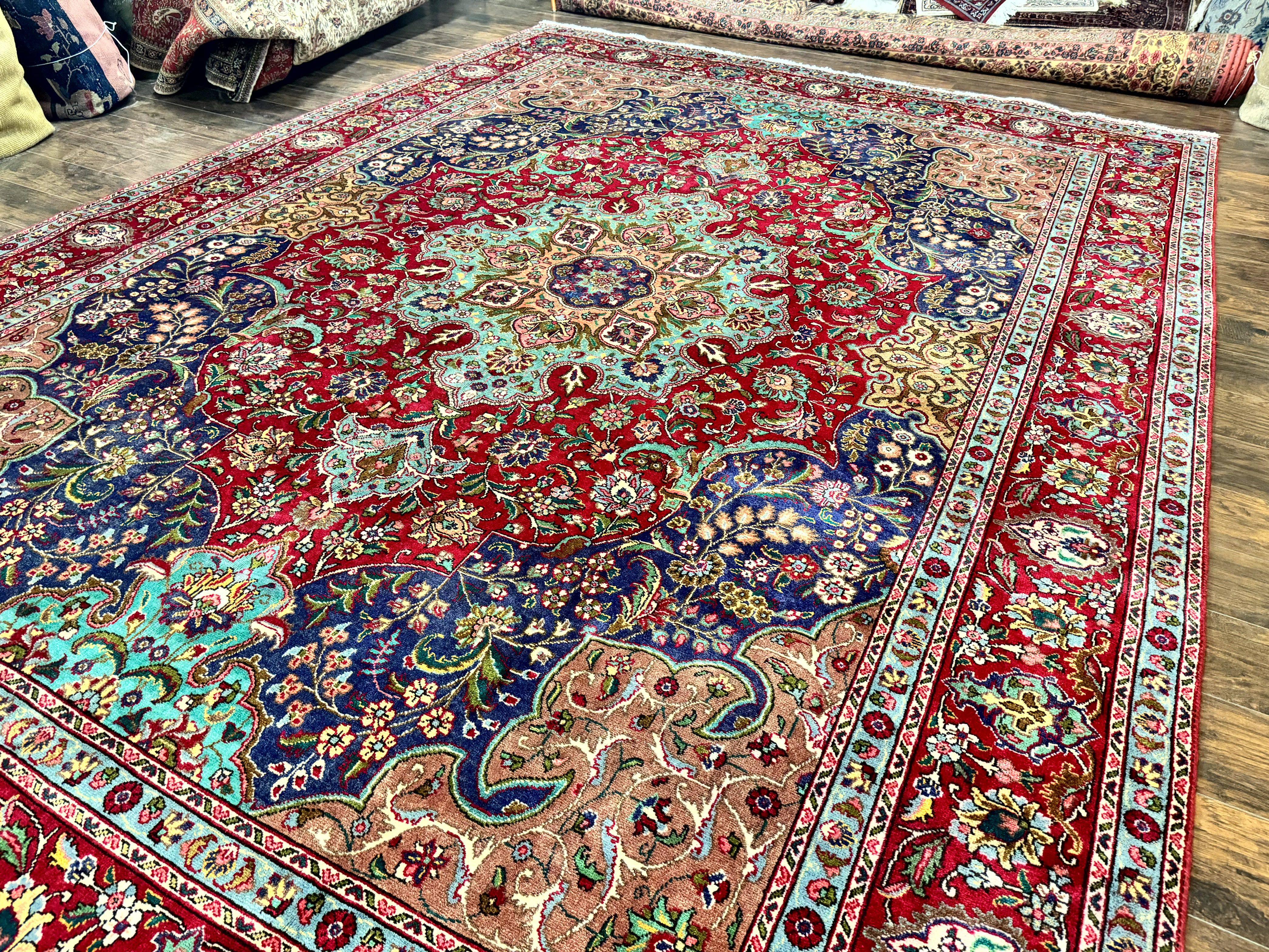 Wonderful Persian Tabriz Rug 10x14, Antique Persian Carpet, Handmade Wool Rug, Floral Medallion, Red Navy Blue, Colorful, Large Persian Area Rug - Image 2