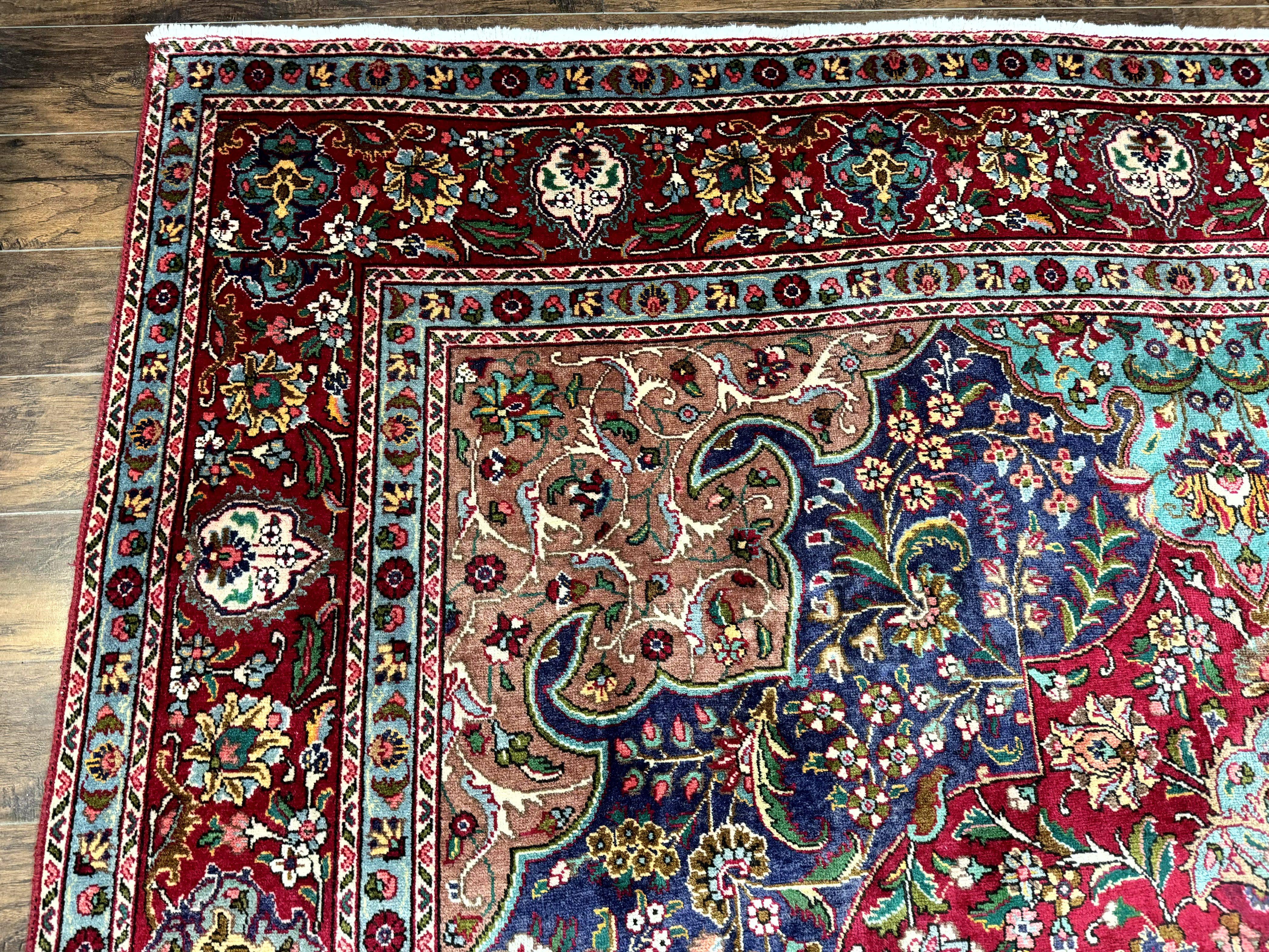 Wonderful Persian Tabriz Rug 10x14, Antique Persian Carpet, Handmade Wool Rug, Floral Medallion, Red Navy Blue, Colorful, Large Persian Area Rug - Image 6