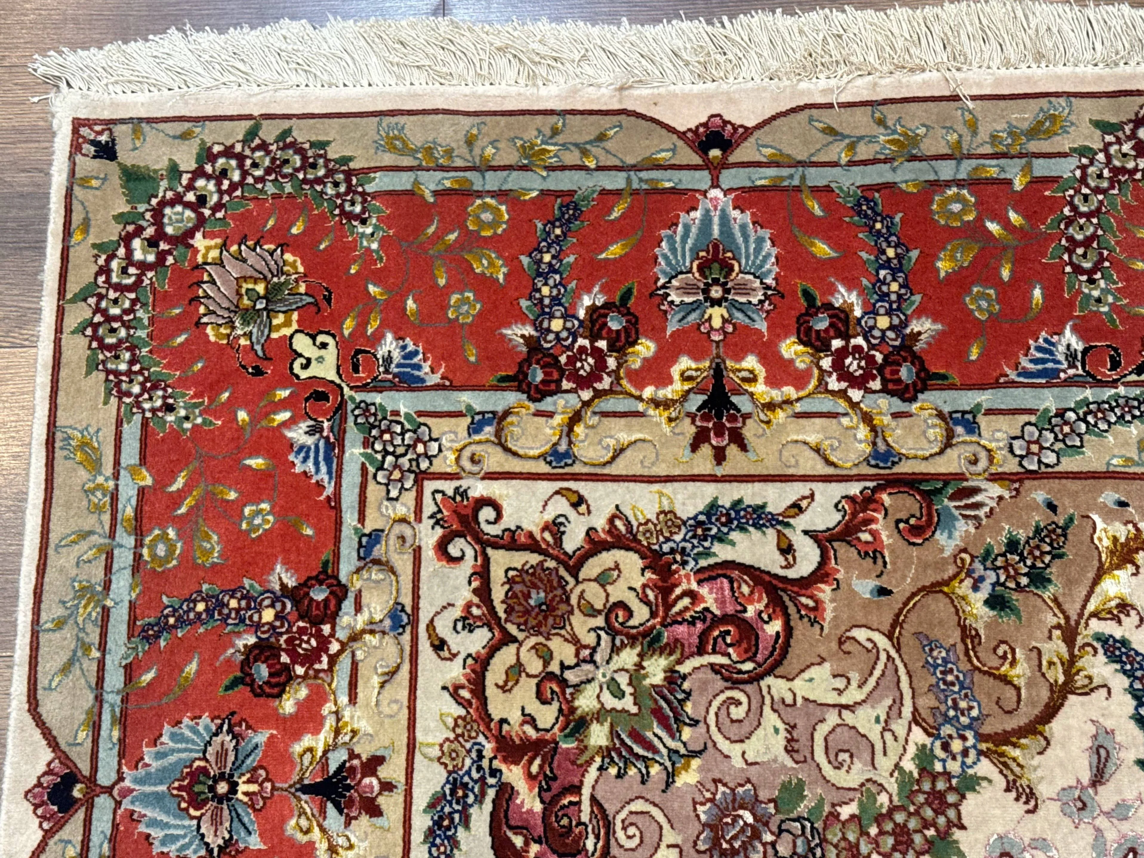 Wonderful Persian Tabriz Rug 5x7, Very Fine 440 KPSI, Ivory and Coral, Rare - Image 6