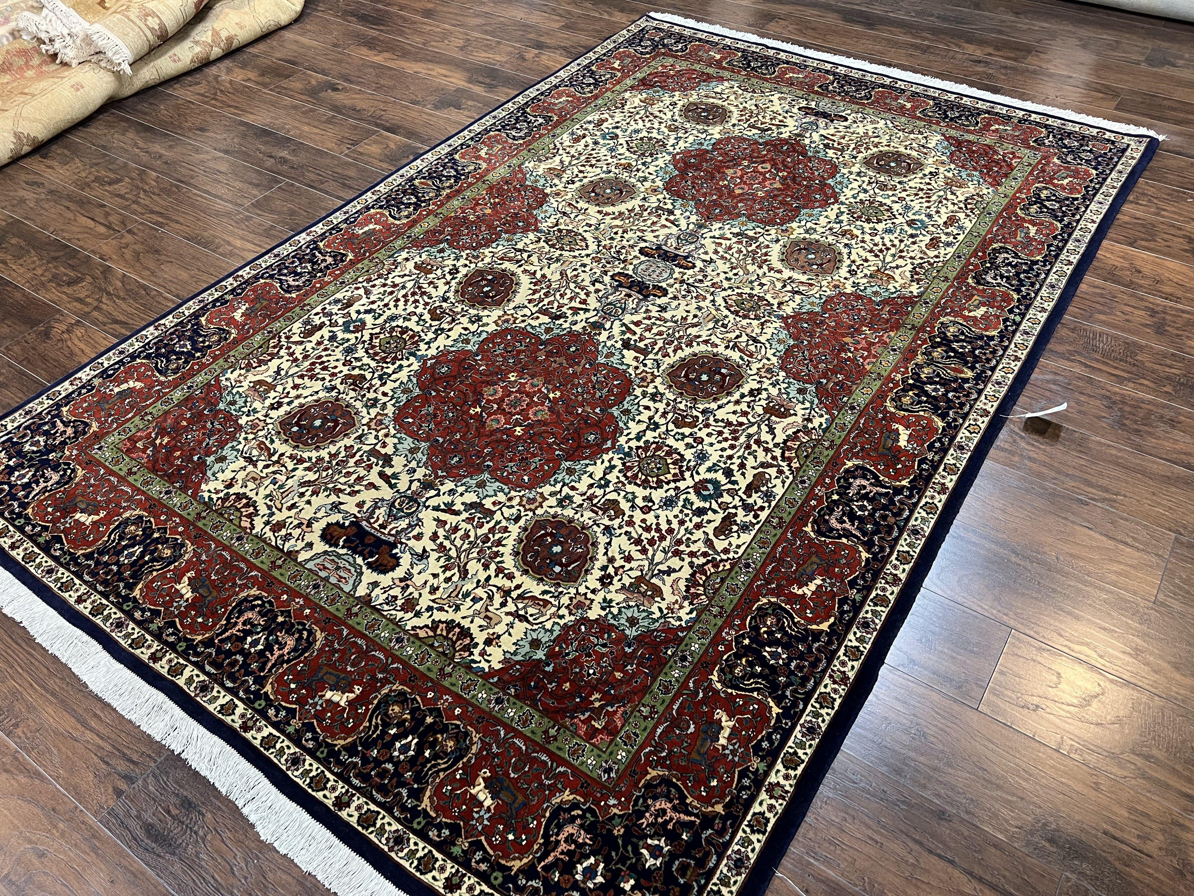 Wonderful Sino Persian Rug 6x10 with Animal Pictorial Motifs, Cream Dark Red Navy Blue, Birds Gazelles, Two Medallions, Top Quality Handmade - Image 2