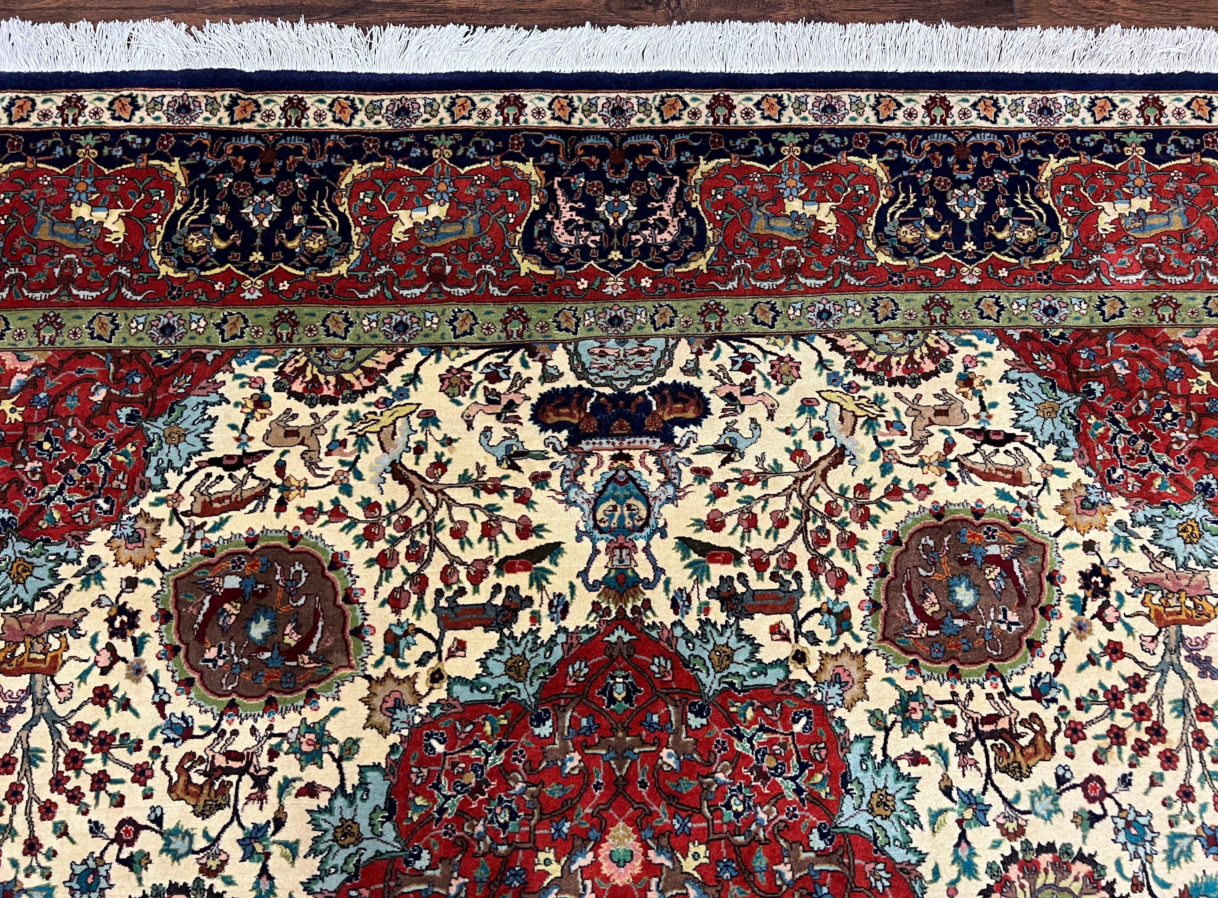 Wonderful Sino Persian Rug 6x10 with Animal Pictorial Motifs, Cream Dark Red Navy Blue, Birds Gazelles, Two Medallions, Top Quality Handmade - Image 3