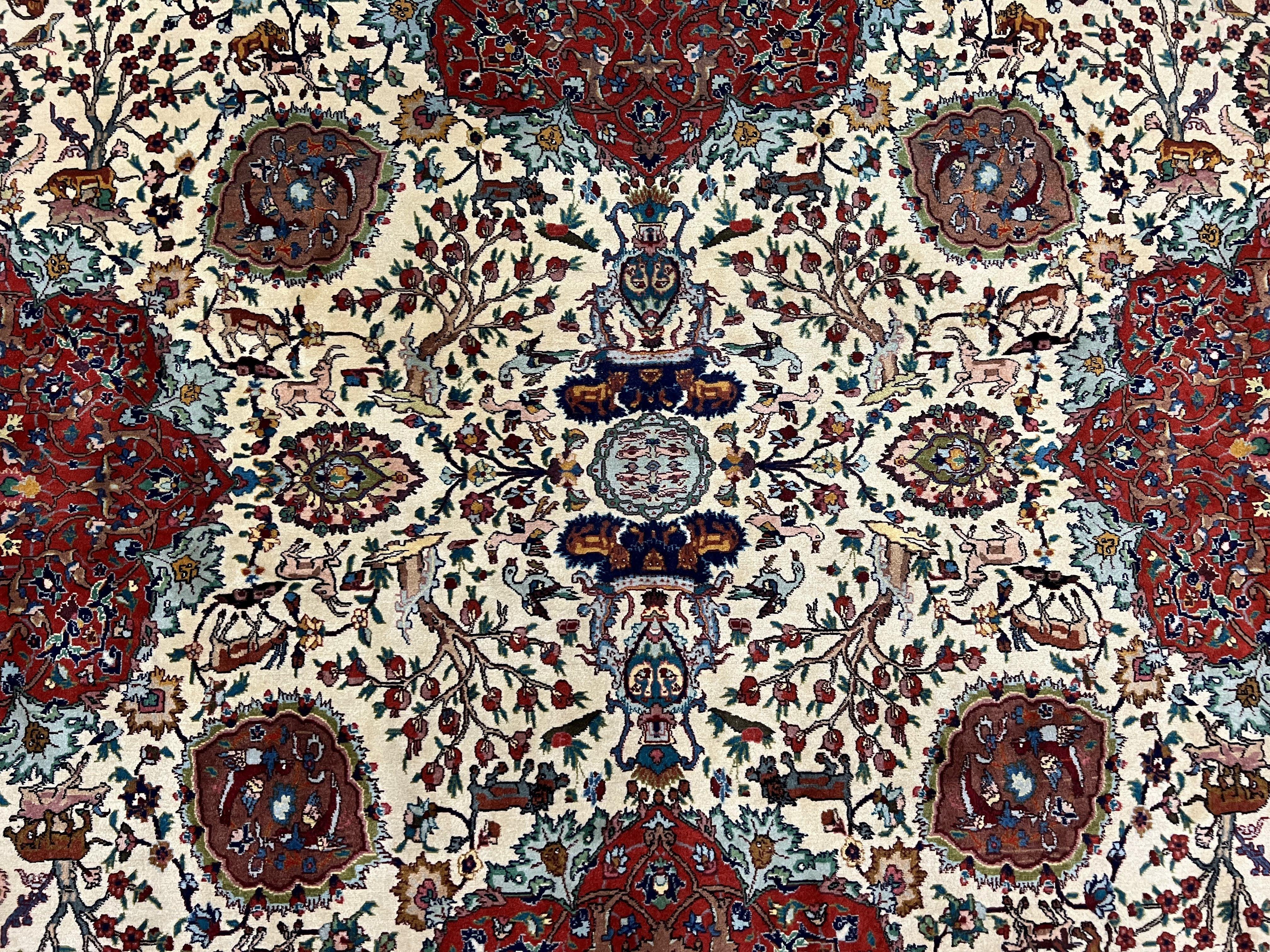 Wonderful Sino Persian Rug 6x10 with Animal Pictorial Motifs, Cream Dark Red Navy Blue, Birds Gazelles, Two Medallions, Top Quality Handmade - Image 4