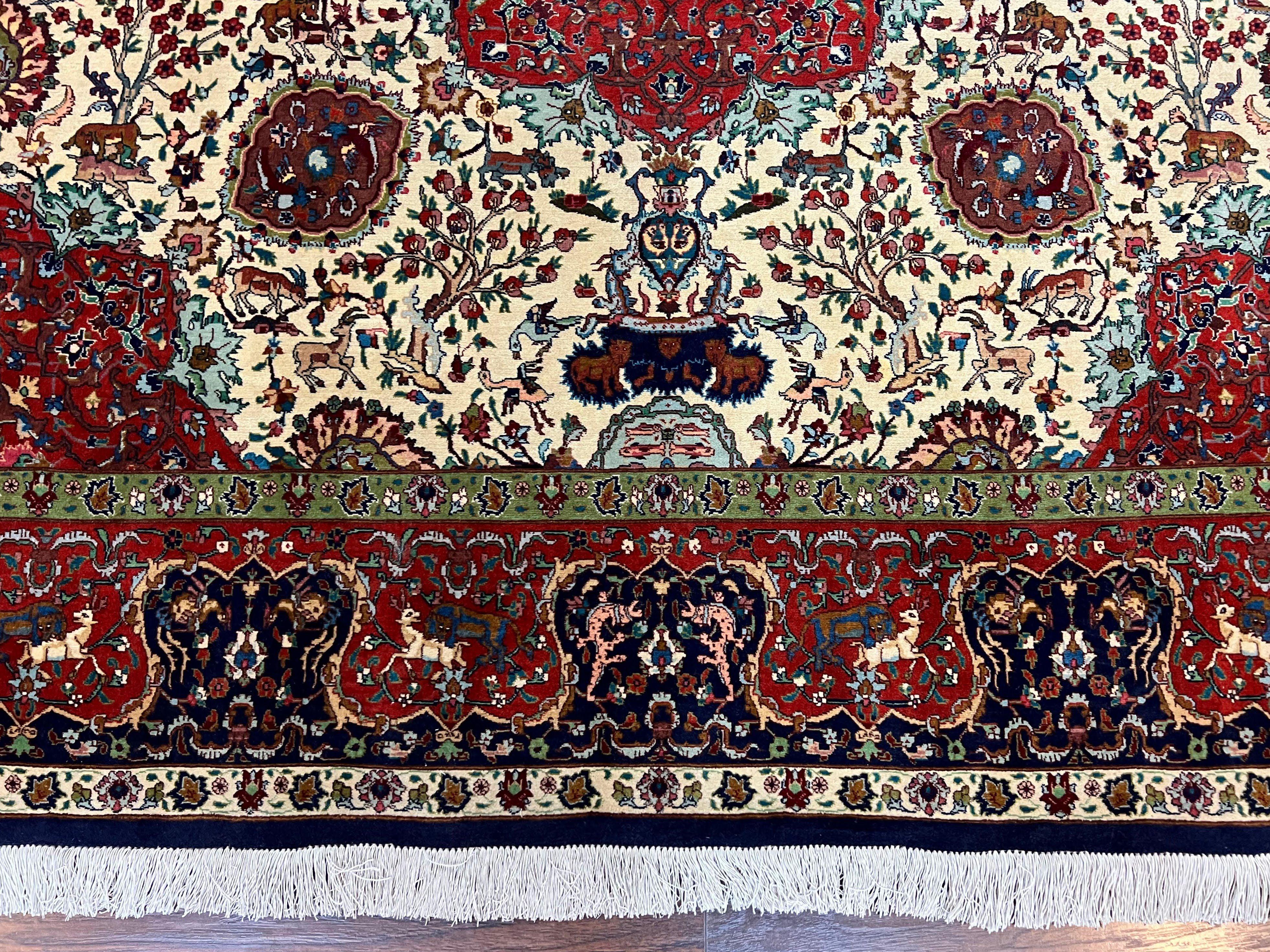 Wonderful Sino Persian Rug 6x10 with Animal Pictorial Motifs, Cream Dark Red Navy Blue, Birds Gazelles, Two Medallions, Top Quality Handmade - Image 5