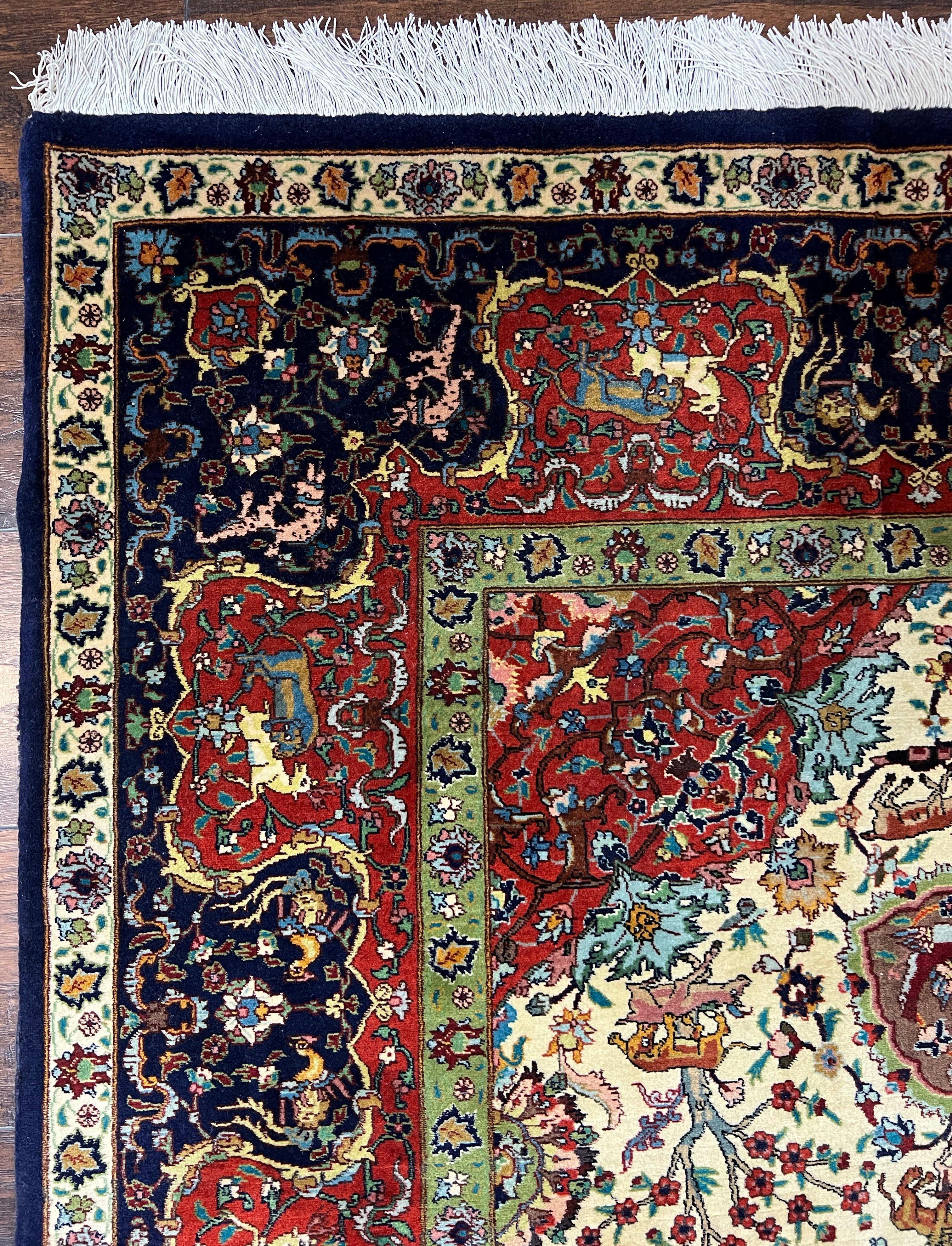 Wonderful Sino Persian Rug 6x10 with Animal Pictorial Motifs, Cream Dark Red Navy Blue, Birds Gazelles, Two Medallions, Top Quality Handmade - Image 6