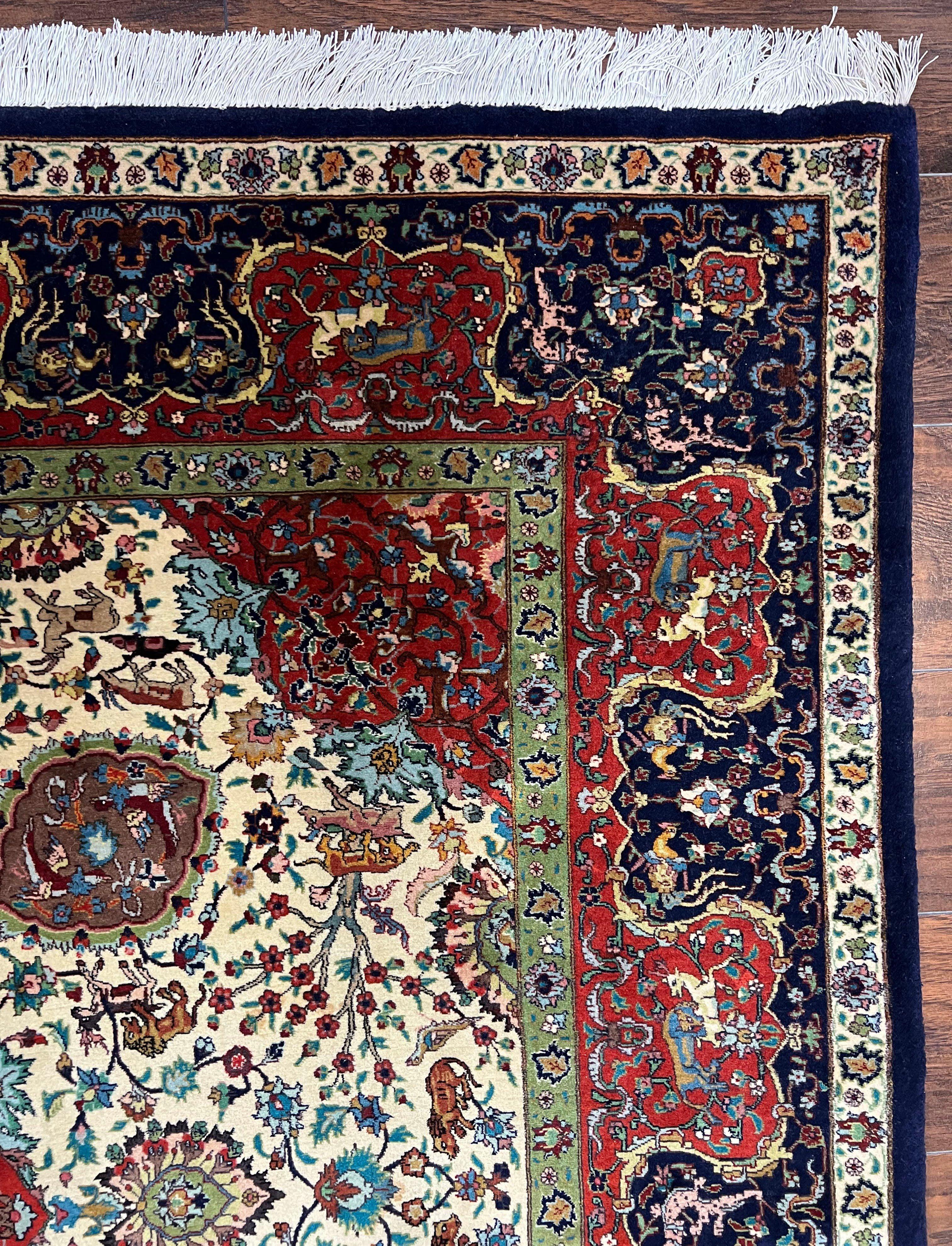 Wonderful Sino Persian Rug 6x10 with Animal Pictorial Motifs, Cream Dark Red Navy Blue, Birds Gazelles, Two Medallions, Top Quality Handmade - Image 7