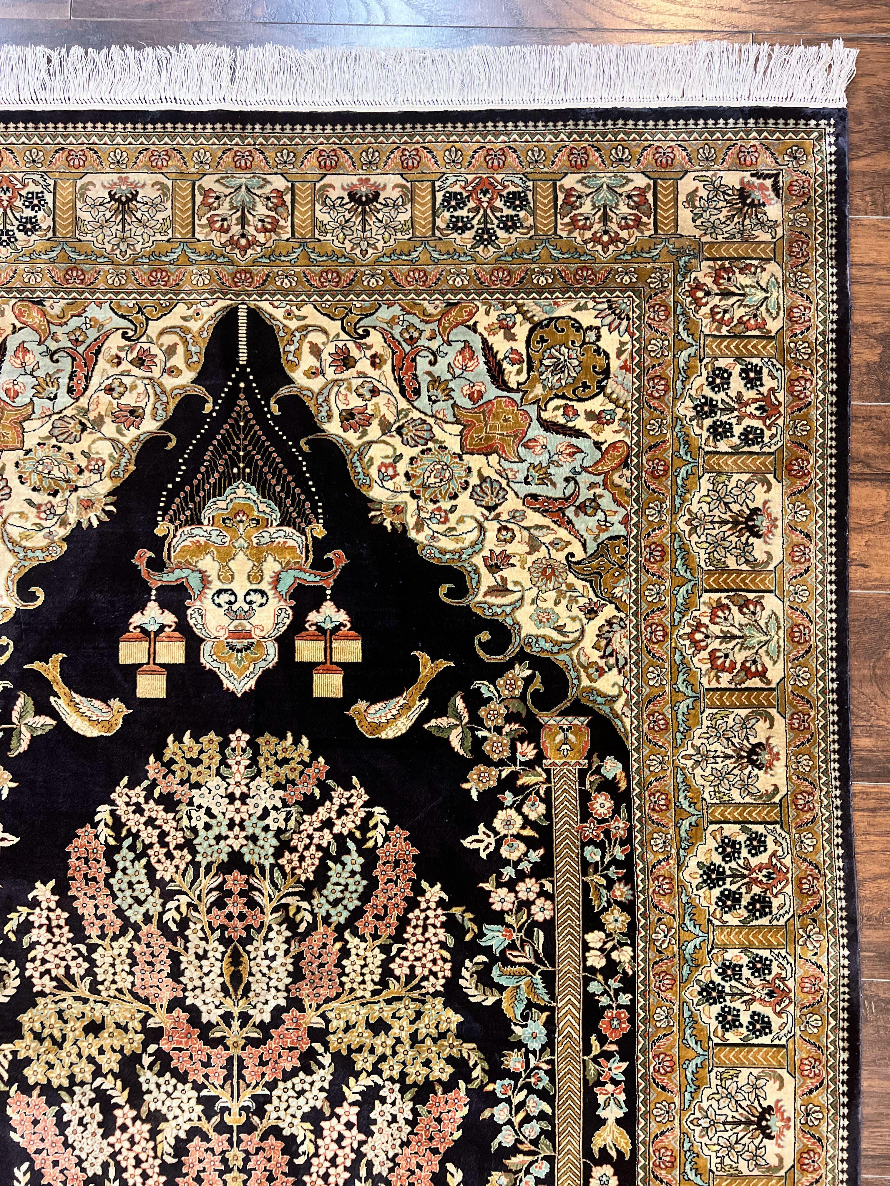 Wonderful Sino Persian Silk Rug 4x6, Tree of LIfe Design, Masterpiece 575 KPSI, Birds, Prayer Rug, Black, Silk on Silk - Image 6